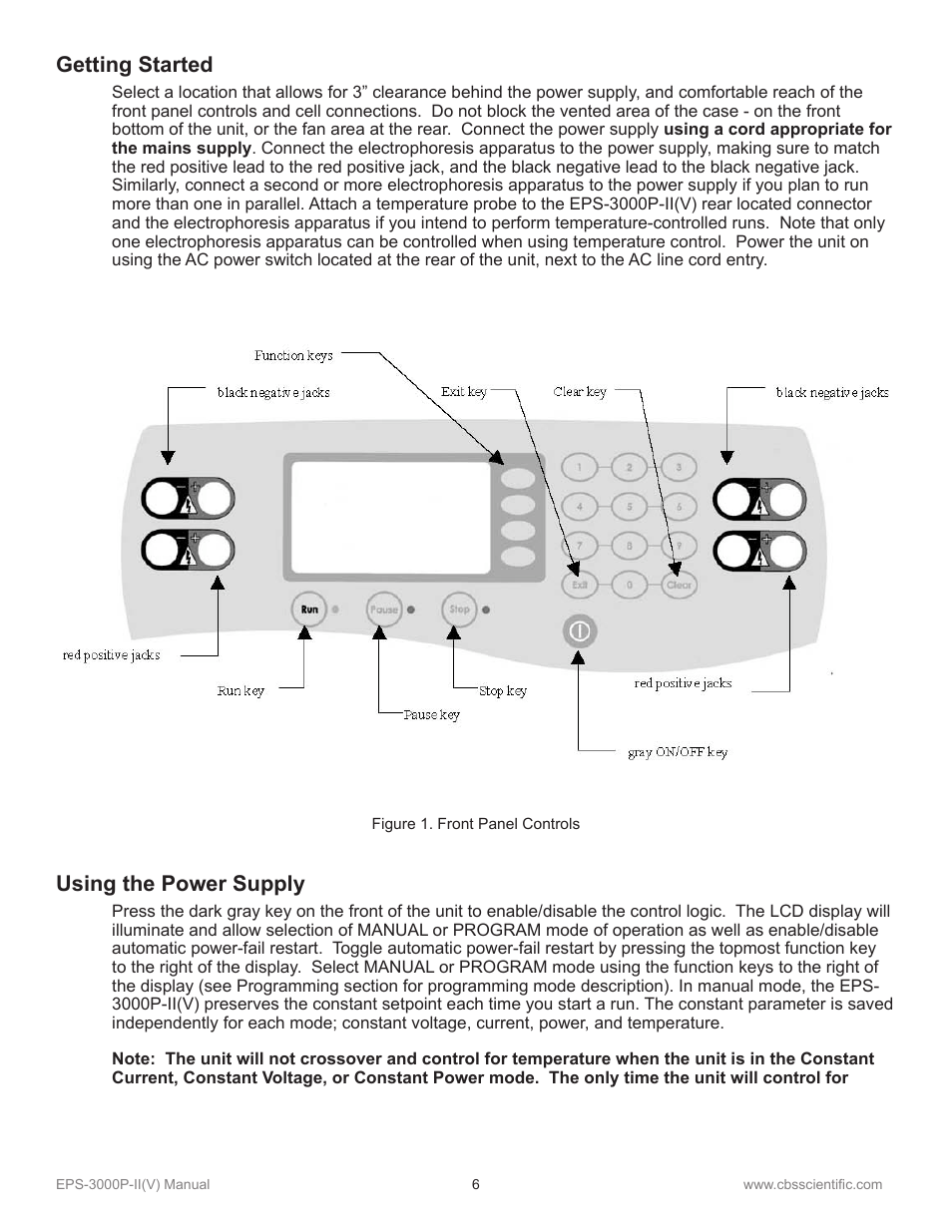 Getting started, Using the power supply | C.B.S. Scientific EPS-3000P-IIV User Manual | Page 6 / 14