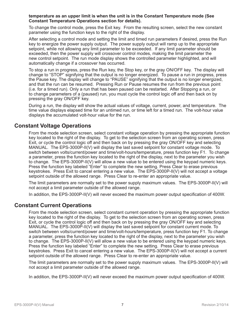 Constant voltage operations, Constant current operations | C.B.S. Scientific EPS-3000P-IIV User Manual | Page 7 / 14