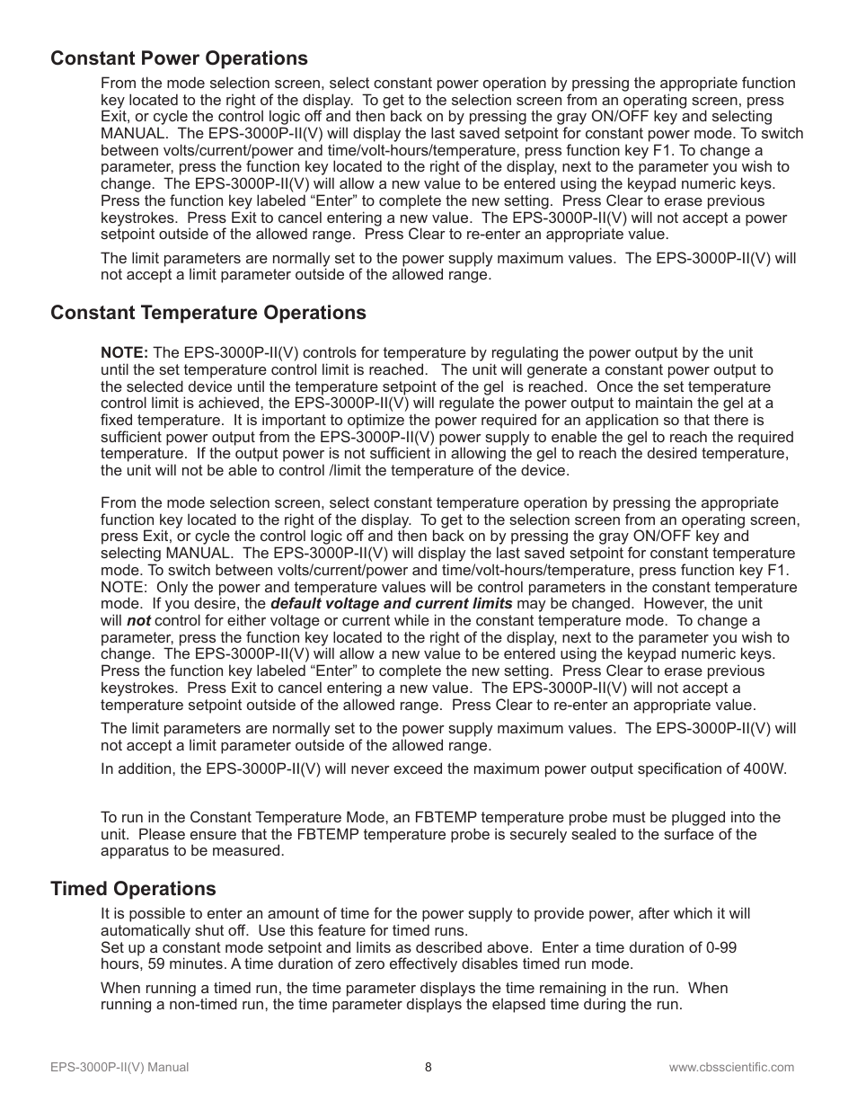 Constant power operations, Constant temperature operations, Timed operations | C.B.S. Scientific EPS-3000P-IIV User Manual | Page 8 / 14