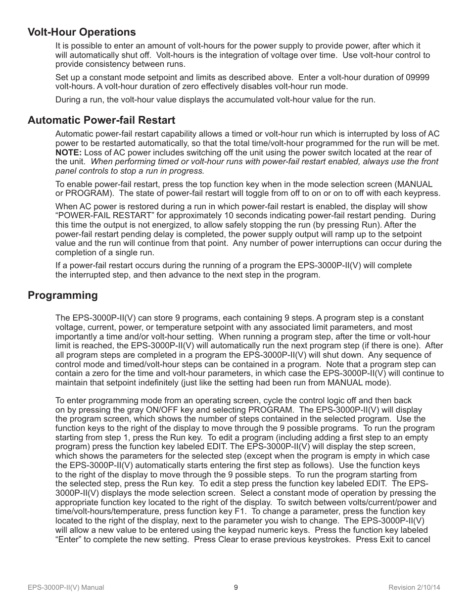 Volt-hour operations, Automatic power-fail restart, Programming | C.B.S. Scientific EPS-3000P-IIV User Manual | Page 9 / 14