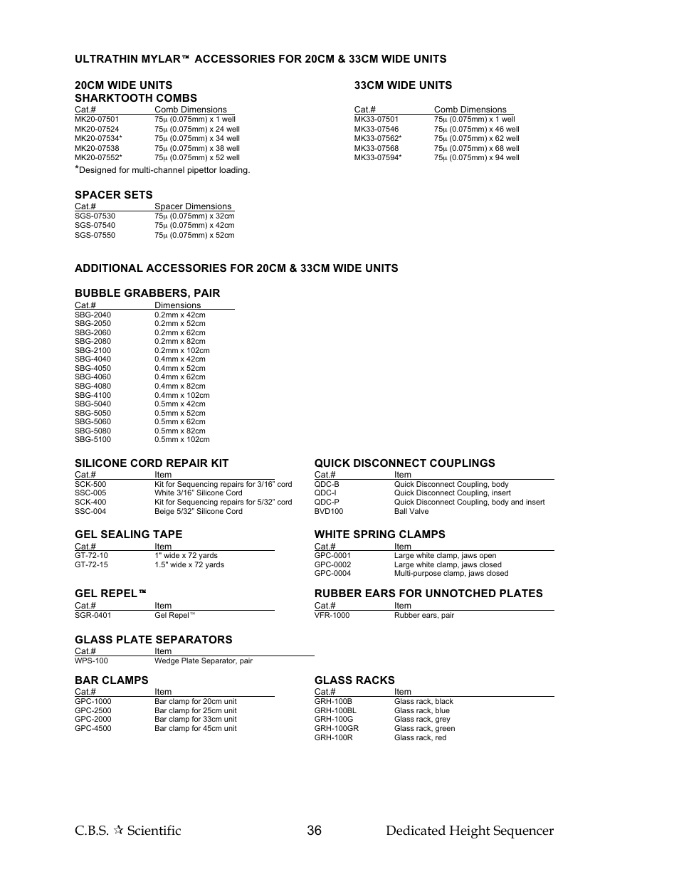 C.b.s.  scientific 36 dedicated height sequencer, Spacer sets, Gel sealing tape white spring clamps | Gel repel  rubber ears for unnotched plates, Glass plate separators, Bar clamps glass racks | C.B.S. Scientific DH Series User Manual | Page 36 / 40