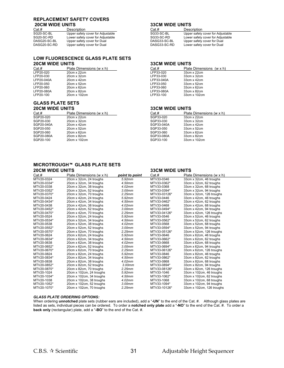 C.b.s.  scientific 31 adjustable height sequencer, Glass plate sets 20cm wide units 33cm wide units | C.B.S. Scientific SG Series User Manual | Page 31 / 36