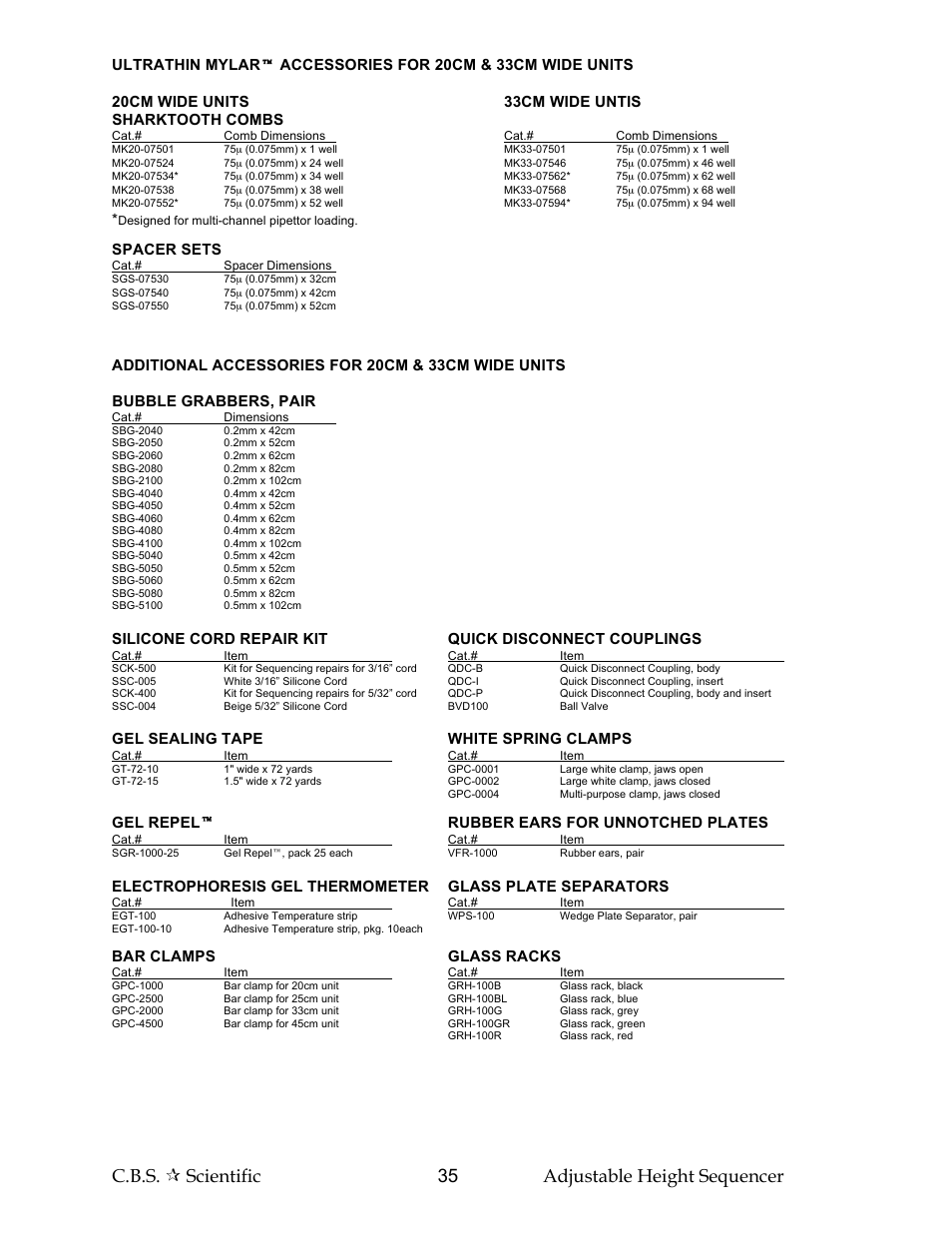 C.b.s.  scientific 35 adjustable height sequencer, Spacer sets, Gel sealing tape white spring clamps | Gel repel  rubber ears for unnotched plates, Bar clamps glass racks | C.B.S. Scientific SG Series User Manual | Page 35 / 36