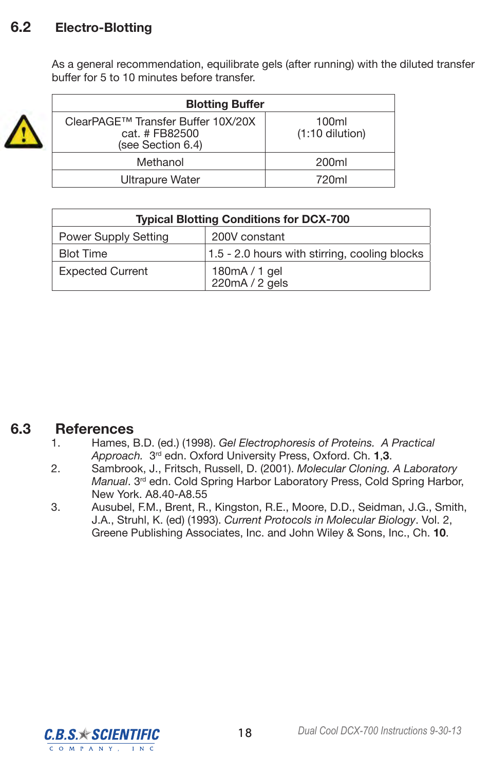 3 references, Electro-blotting | C.B.S. Scientific DCX-700 User Manual | Page 18 / 24