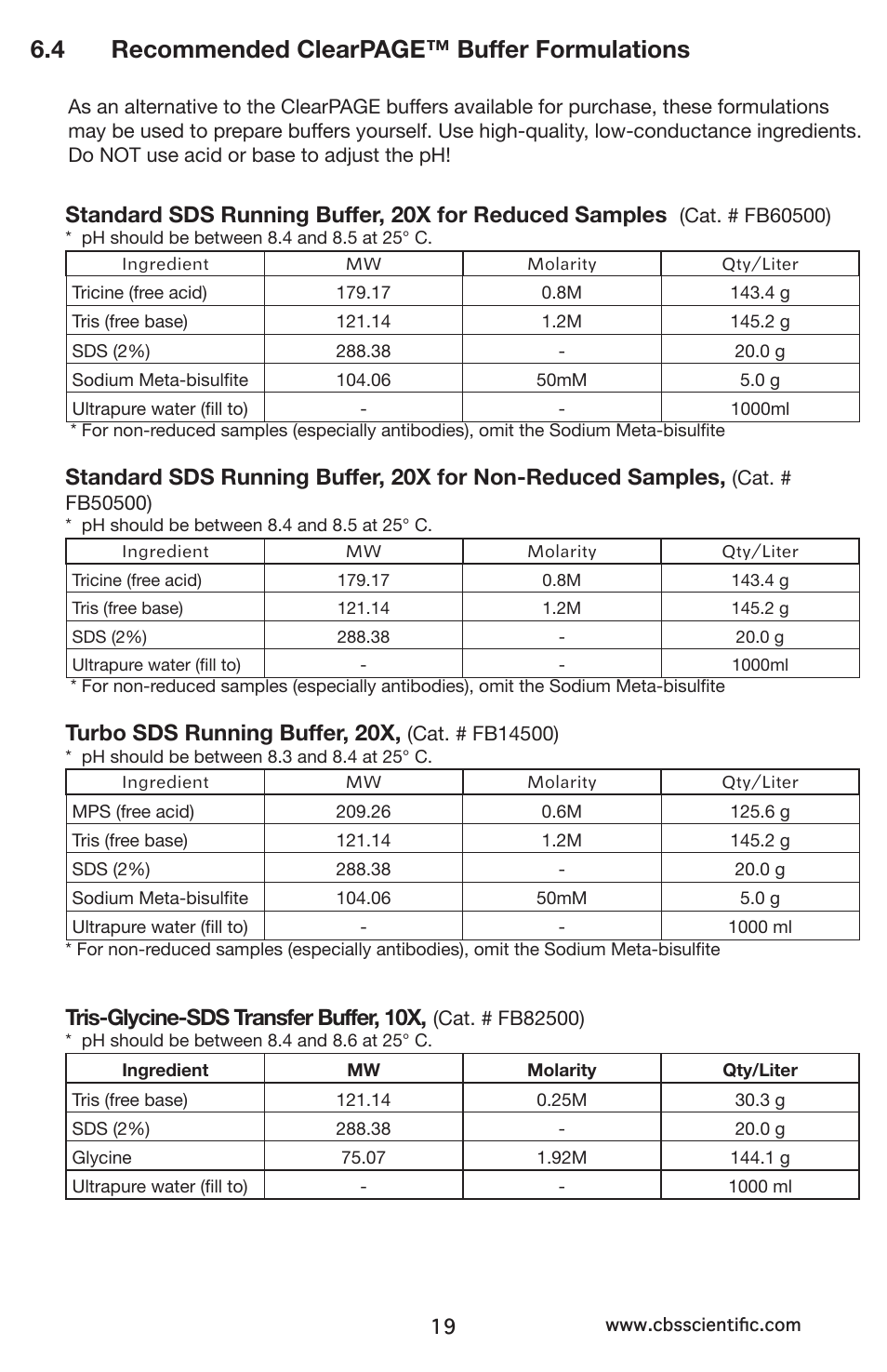 4 recommended clearpage™ buffer formulations, Turbo sds running buffer, 20x, Tris-glycine-sds transfer buffer, 10x | C.B.S. Scientific DCX-700 User Manual | Page 19 / 24