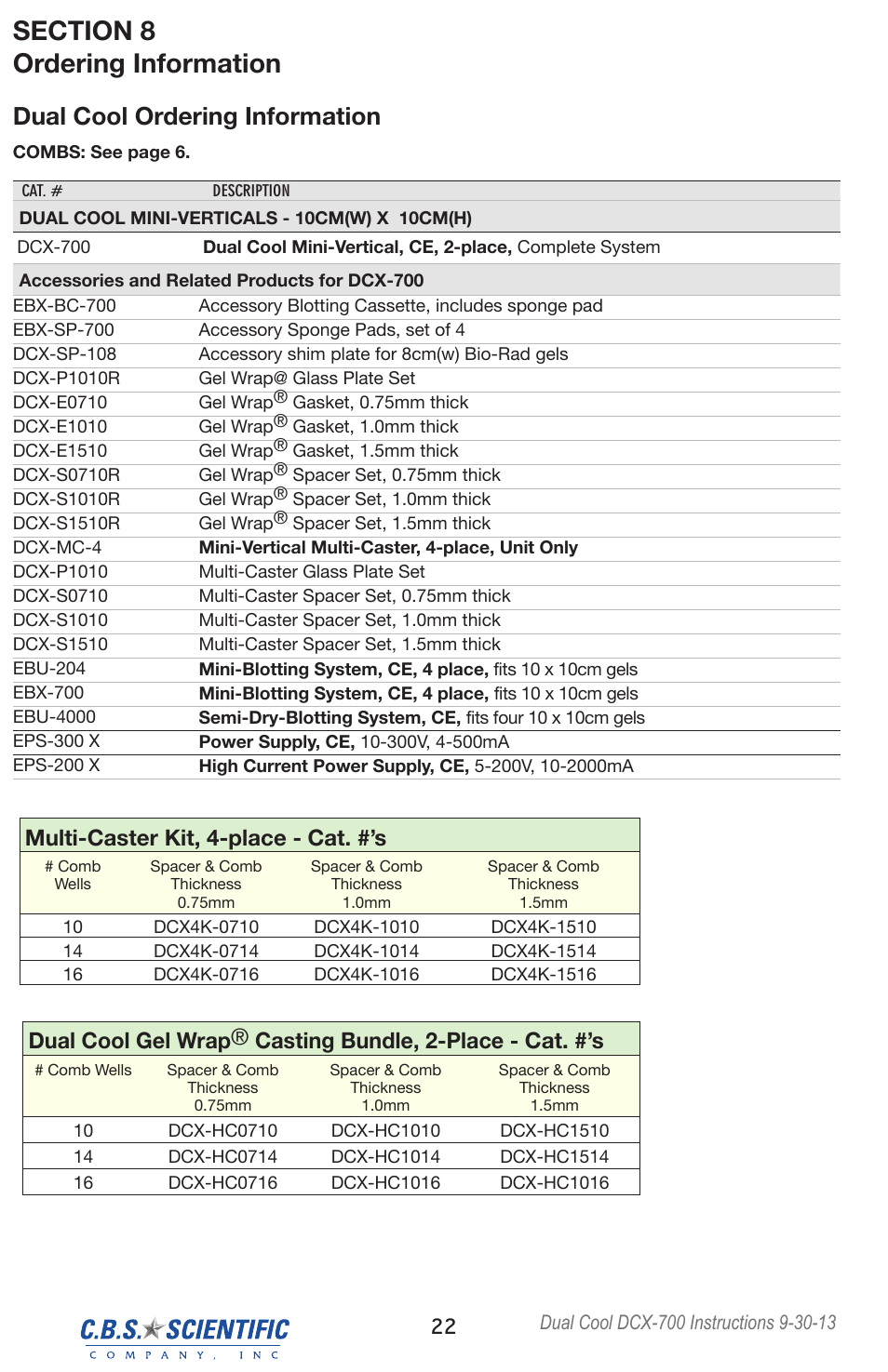 Dual cool ordering information, Multi-caster kit, 4-place - cat. #’s | C.B.S. Scientific DCX-700 User Manual | Page 22 / 24