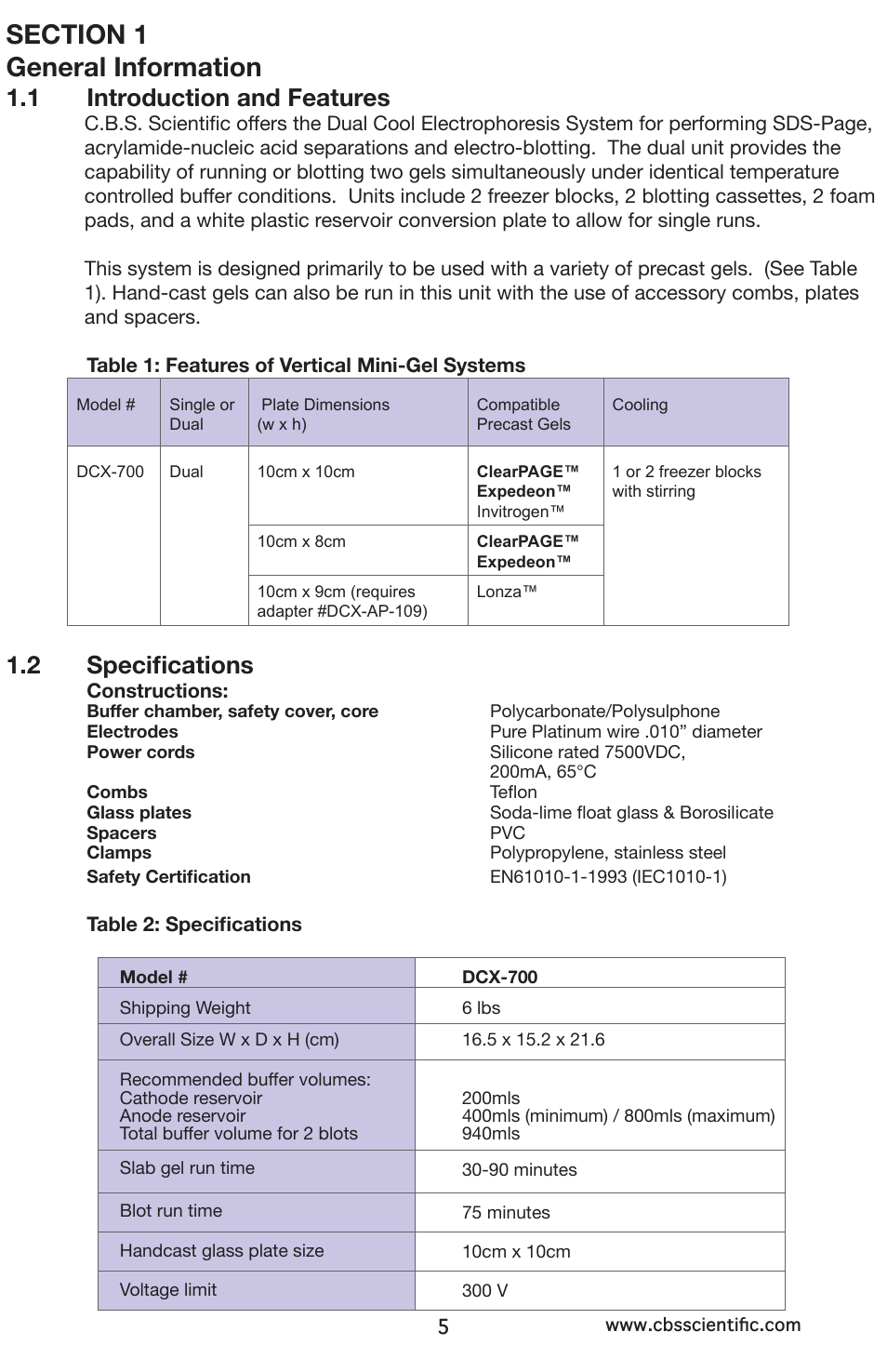 1 introduction and features, 2 specifications | C.B.S. Scientific DCX-700 User Manual | Page 5 / 24