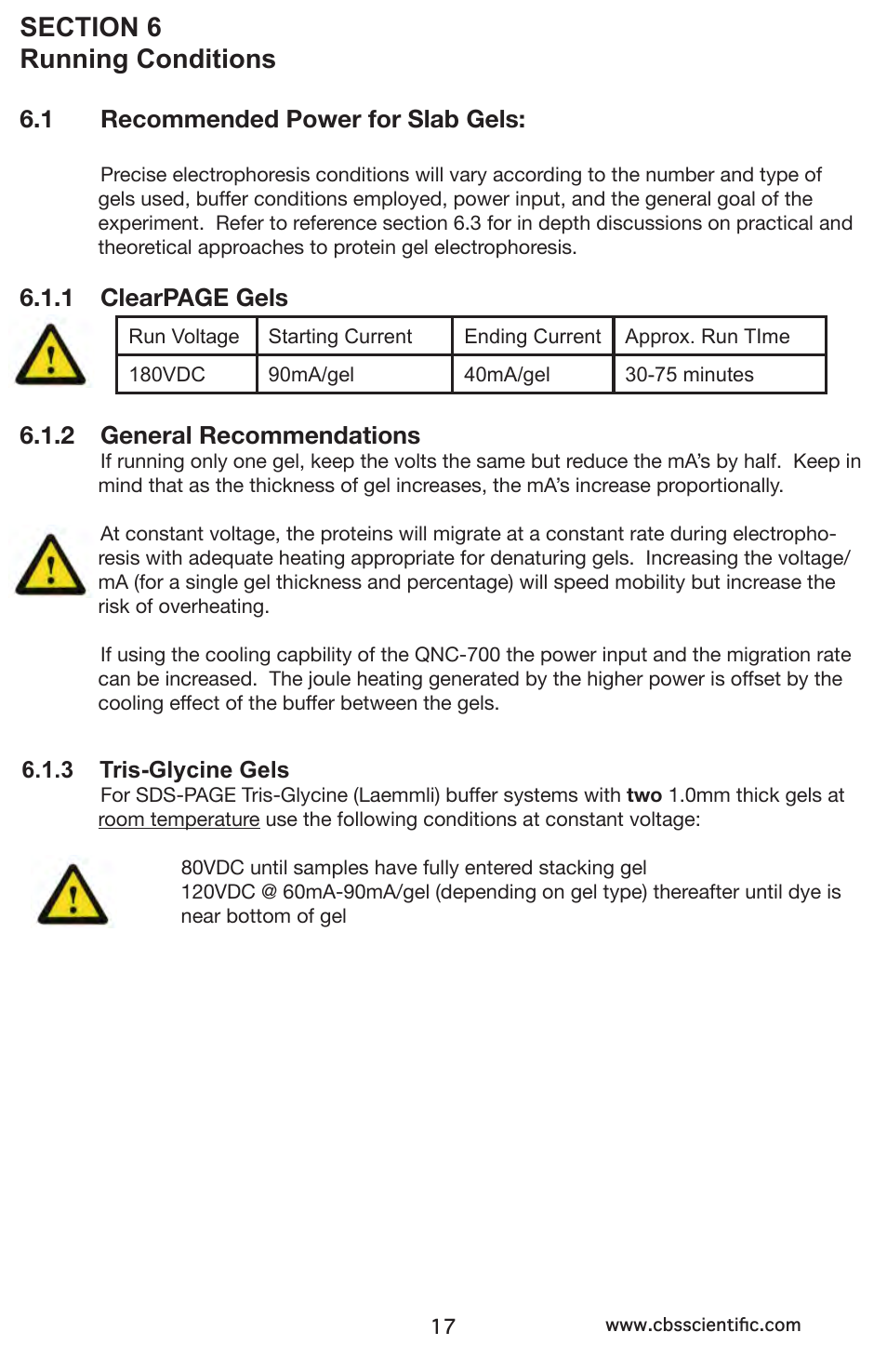 2 electro- blotting procedure, 3 removing the blot, 1 recommended power for slab gels | 1 clearpage gels, 2 general recommendations | C.B.S. Scientific QNX-700 User Manual | Page 17 / 24