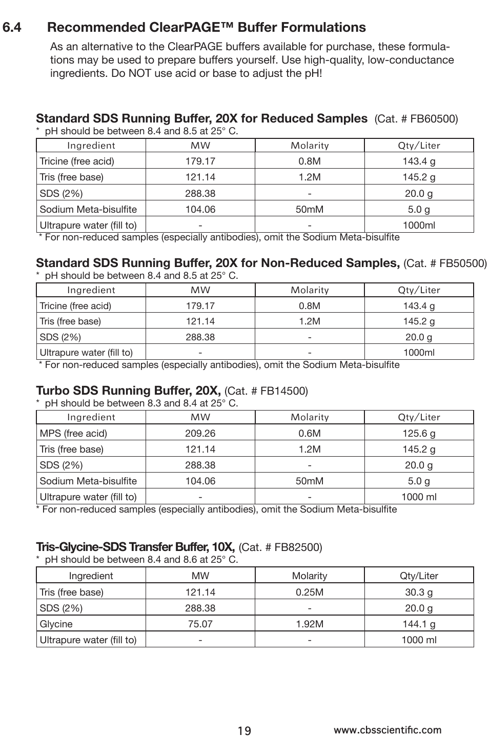 4 recommended clearpage™ buffer formulations, Turbo sds running buffer, 20x, Tris-glycine-sds transfer buffer, 10x | C.B.S. Scientific QNX-700 User Manual | Page 19 / 24