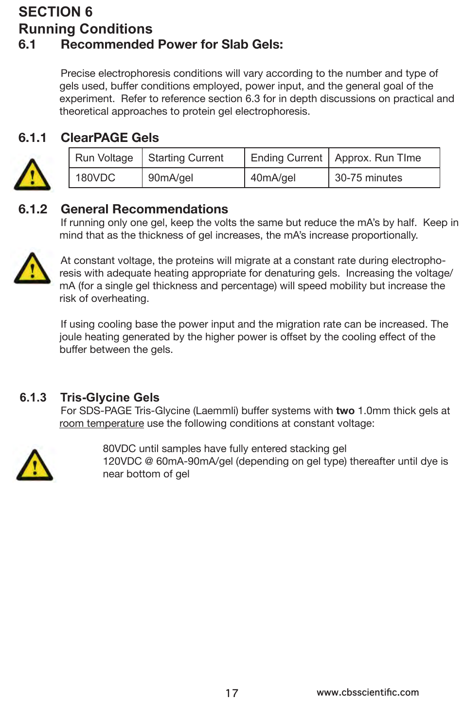 2 electro- blotting procedure, 3 removing the blot, 1 recommended power for slab gels | 1 clearpage gels, 2 general recommendations | C.B.S. Scientific DCX-800 User Manual | Page 17 / 24