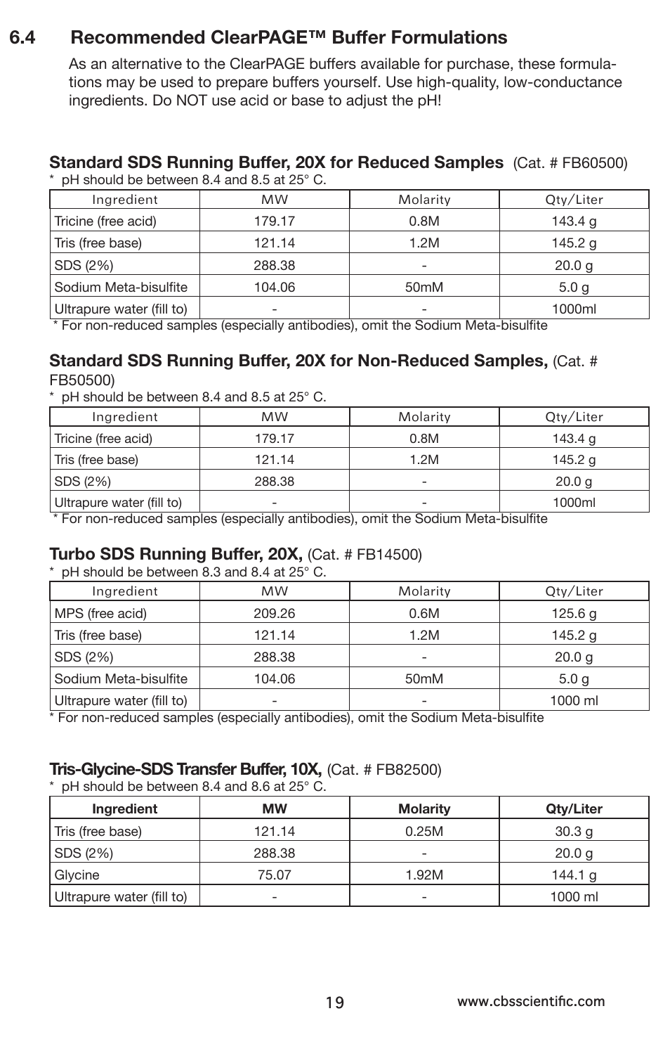4 recommended clearpage™ buffer formulations, Turbo sds running buffer, 20x, Tris-glycine-sds transfer buffer, 10x | C.B.S. Scientific DCX-800 User Manual | Page 19 / 24