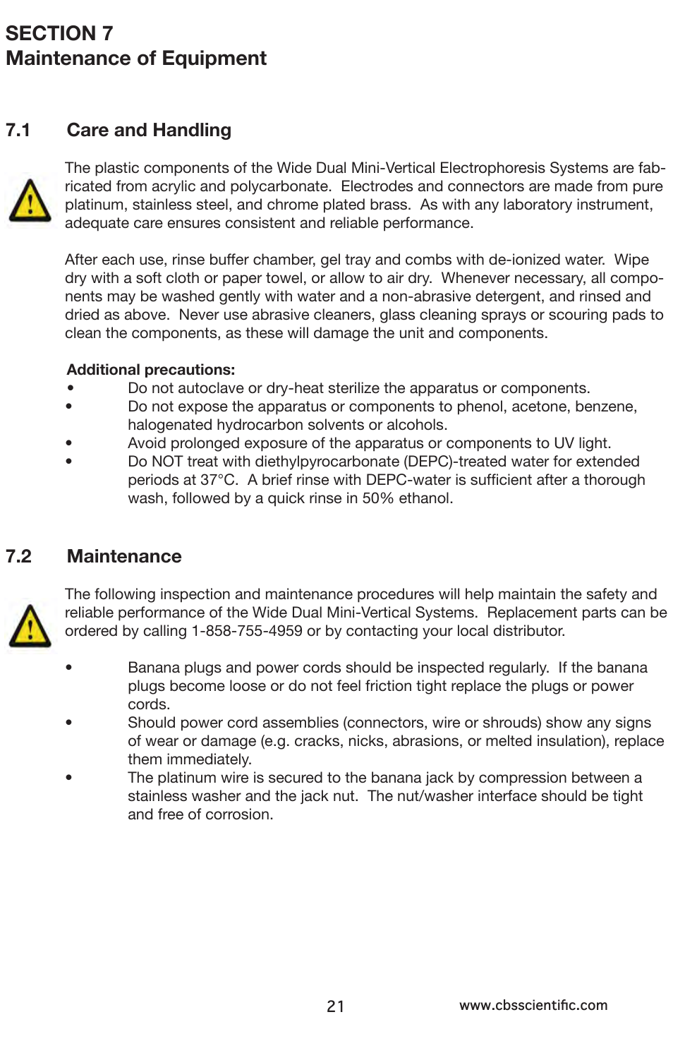 1 care and handling, 2 maintenance | C.B.S. Scientific DCX-800 User Manual | Page 21 / 24