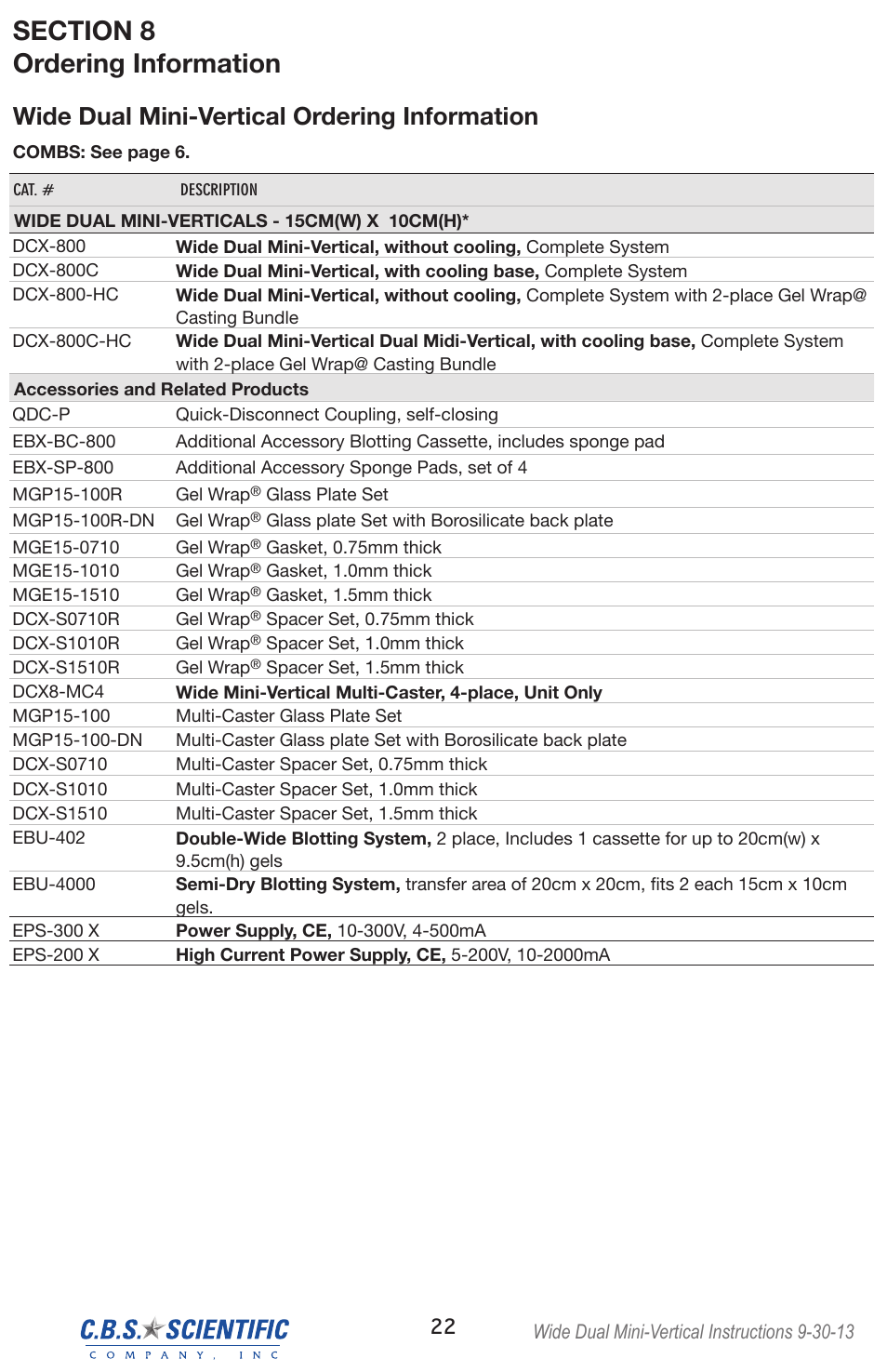 Wide dual mini-vertical ordering information | C.B.S. Scientific DCX-800 User Manual | Page 22 / 24