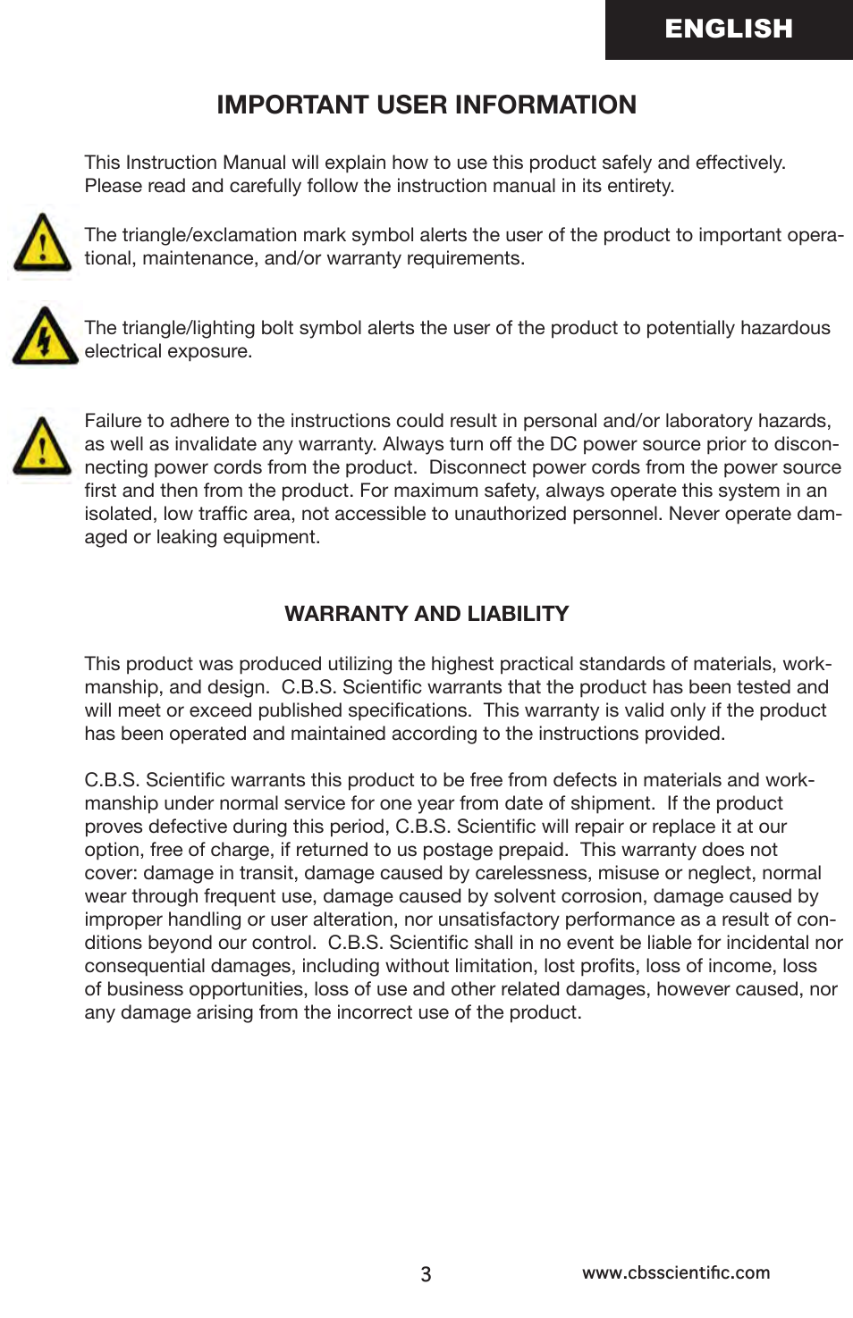Important user information, English | C.B.S. Scientific DCX-800 User Manual | Page 3 / 24