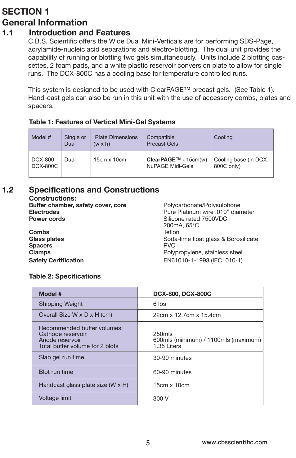1 introduction and features, 2 specifications and constructions | C.B.S. Scientific DCX-800 User Manual | Page 5 / 24