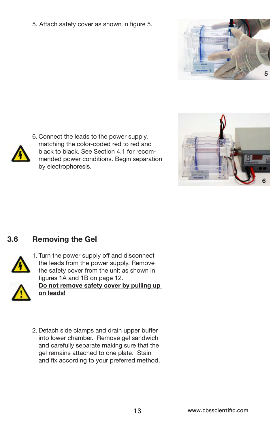 5 running the gel, 6 removing the gel | C.B.S. Scientific MGV-402 User Manual | Page 13 / 24