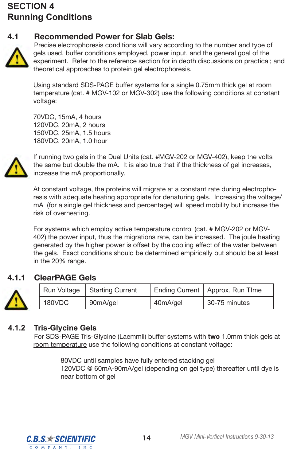 1 recommended power for slab gels, 1 clearpage gels | C.B.S. Scientific MGV-402 User Manual | Page 14 / 24