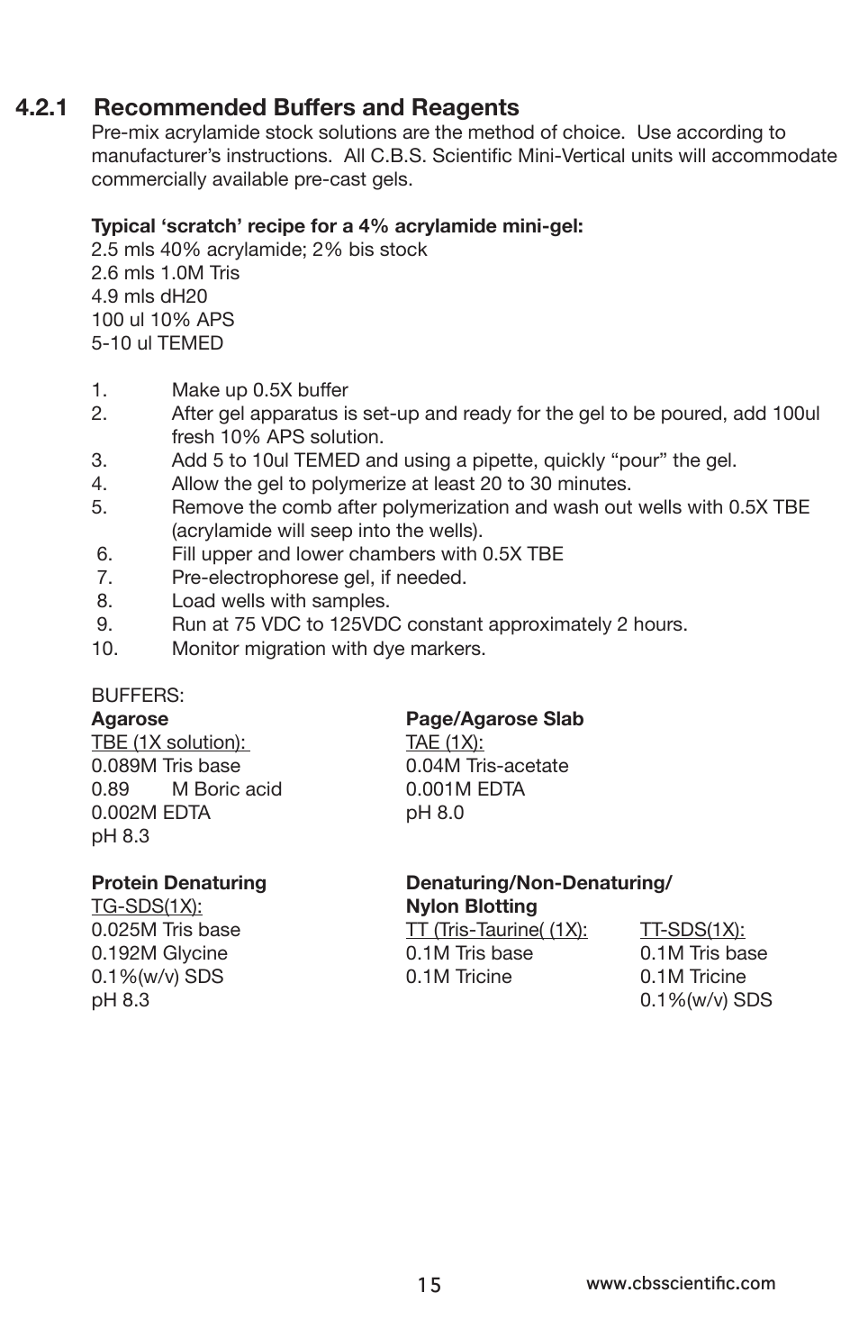 1 recommended buffers and reagents | C.B.S. Scientific MGV-402 User Manual | Page 15 / 24