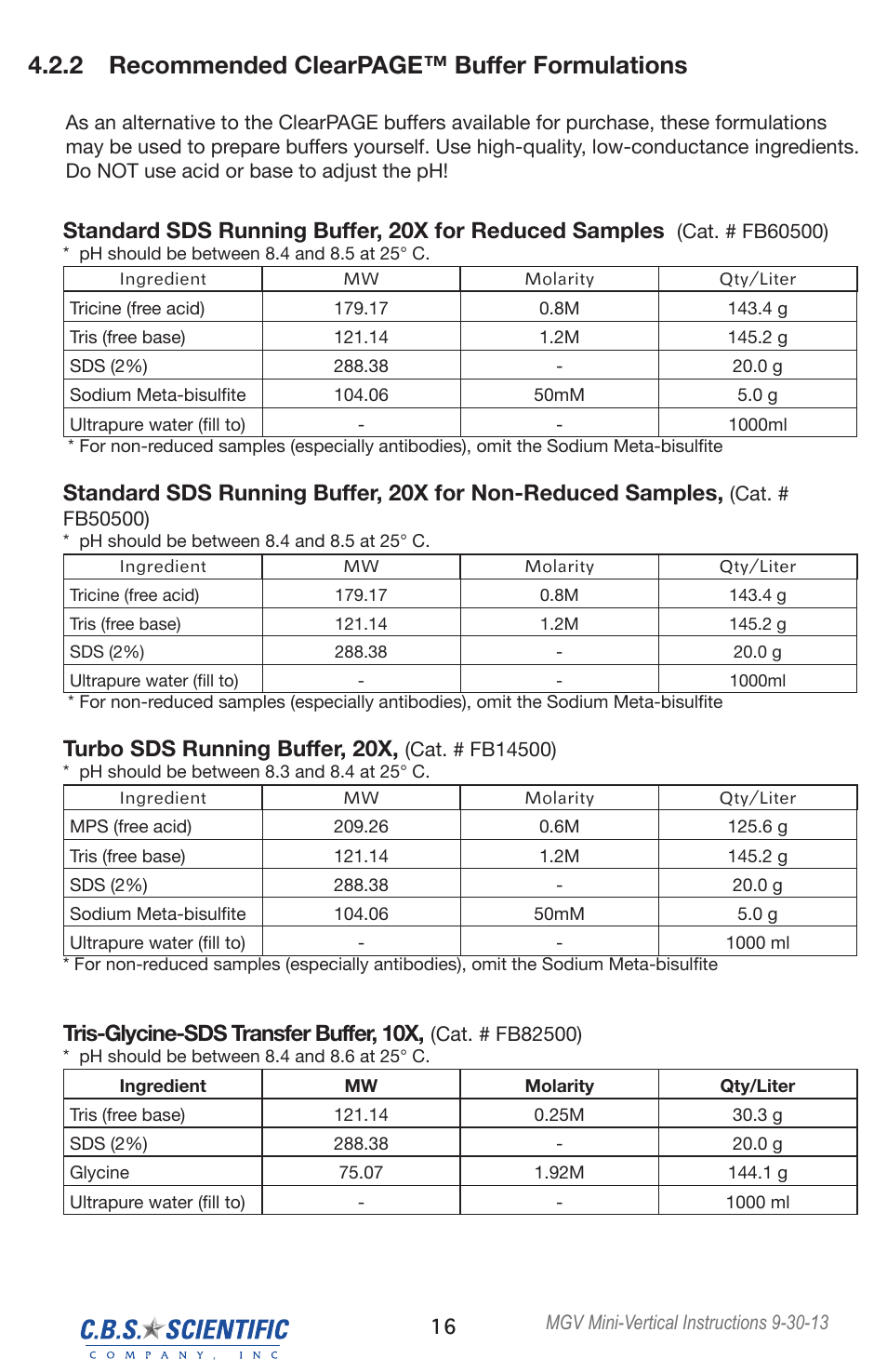 2 recommended clearpage™ buffer formulations, Turbo sds running buffer, 20x, Tris-glycine-sds transfer buffer, 10x | C.B.S. Scientific MGV-402 User Manual | Page 16 / 24