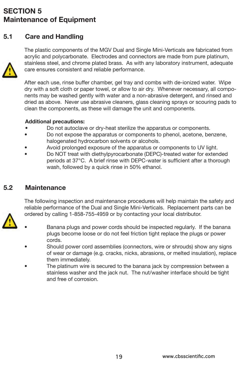 1 care and handling, 2 maintenance | C.B.S. Scientific MGV-402 User Manual | Page 19 / 24