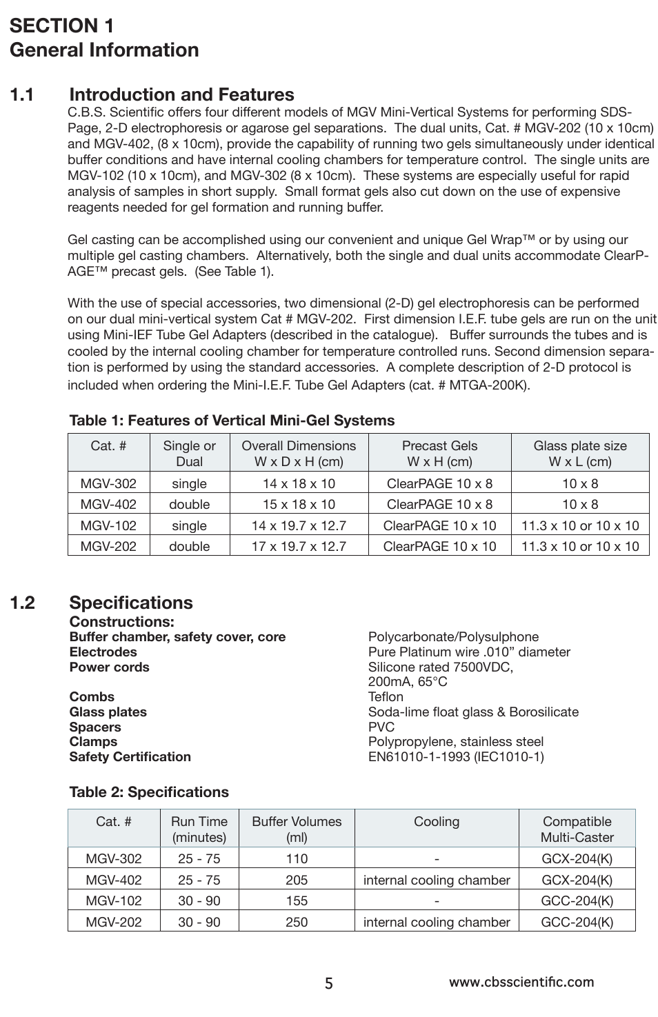 1 introduction and features, 2 specifications | C.B.S. Scientific MGV-402 User Manual | Page 5 / 24