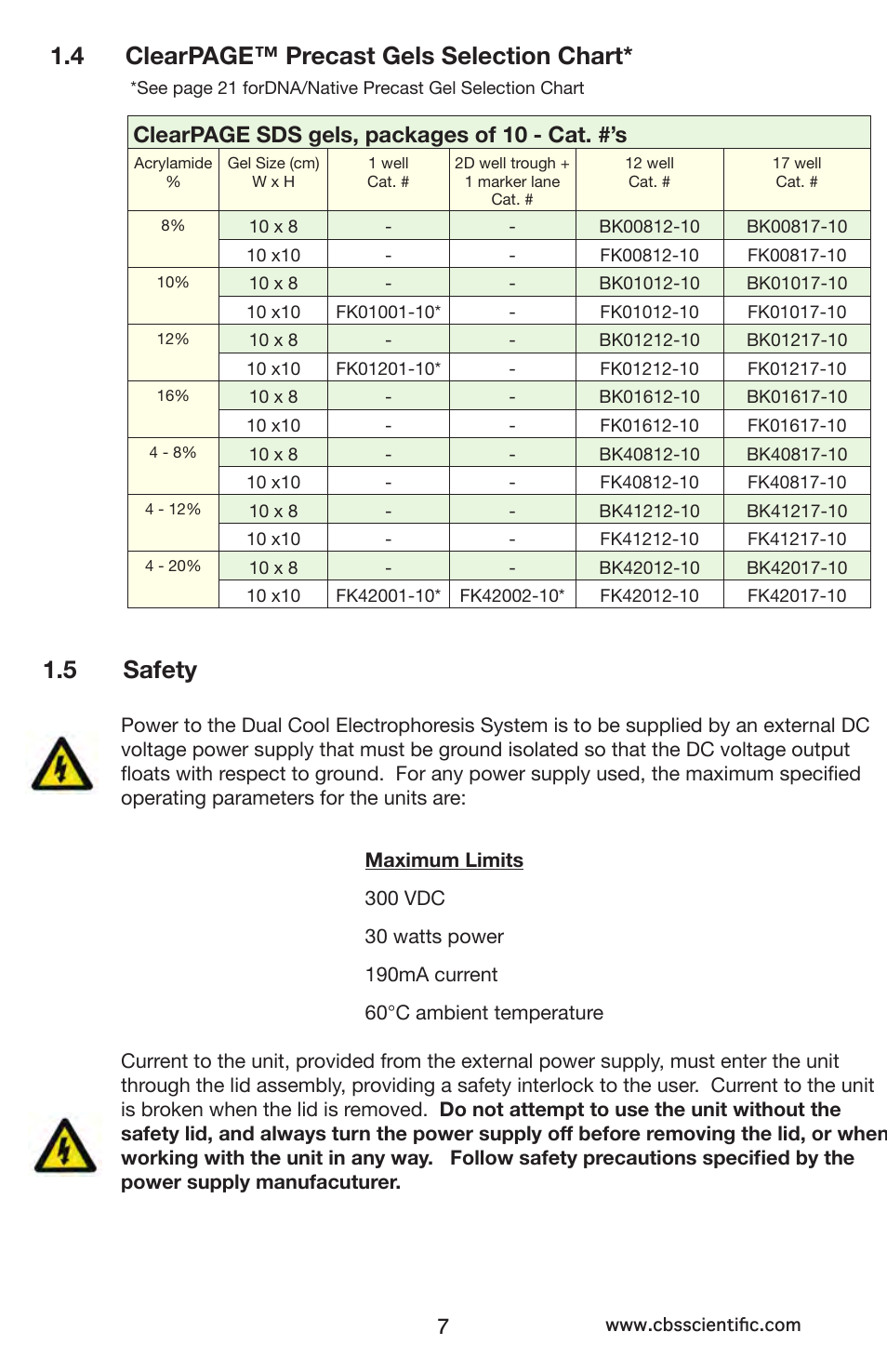 5 safety, 4 clearpage™ precast gels selection chart, Clearpage sds gels, packages of 10 - cat. #’s | C.B.S. Scientific MGV-402 User Manual | Page 7 / 24