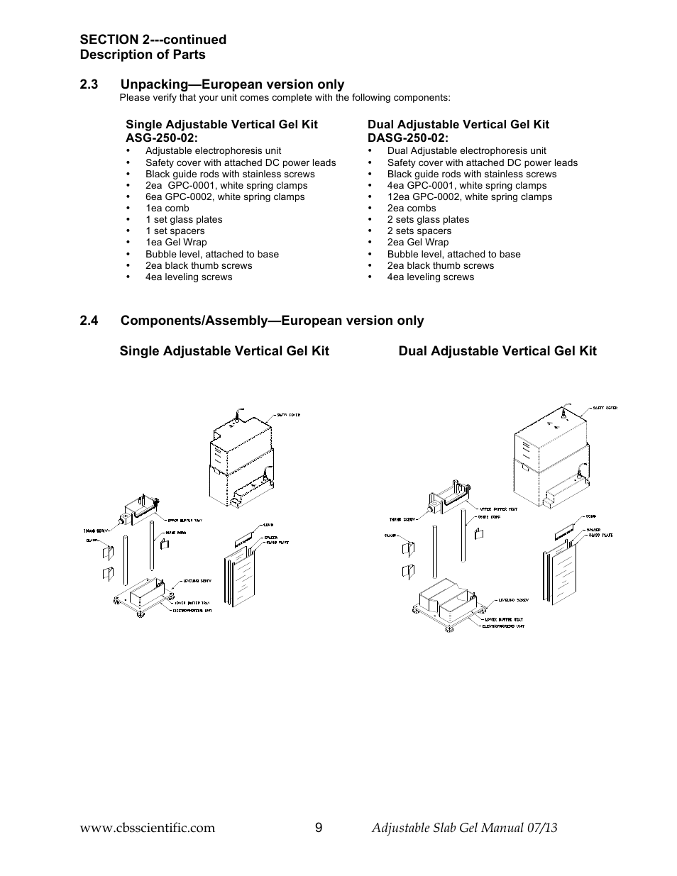 3 unpacking—european version only | C.B.S. Scientific DASG-250-02 User Manual | Page 9 / 24