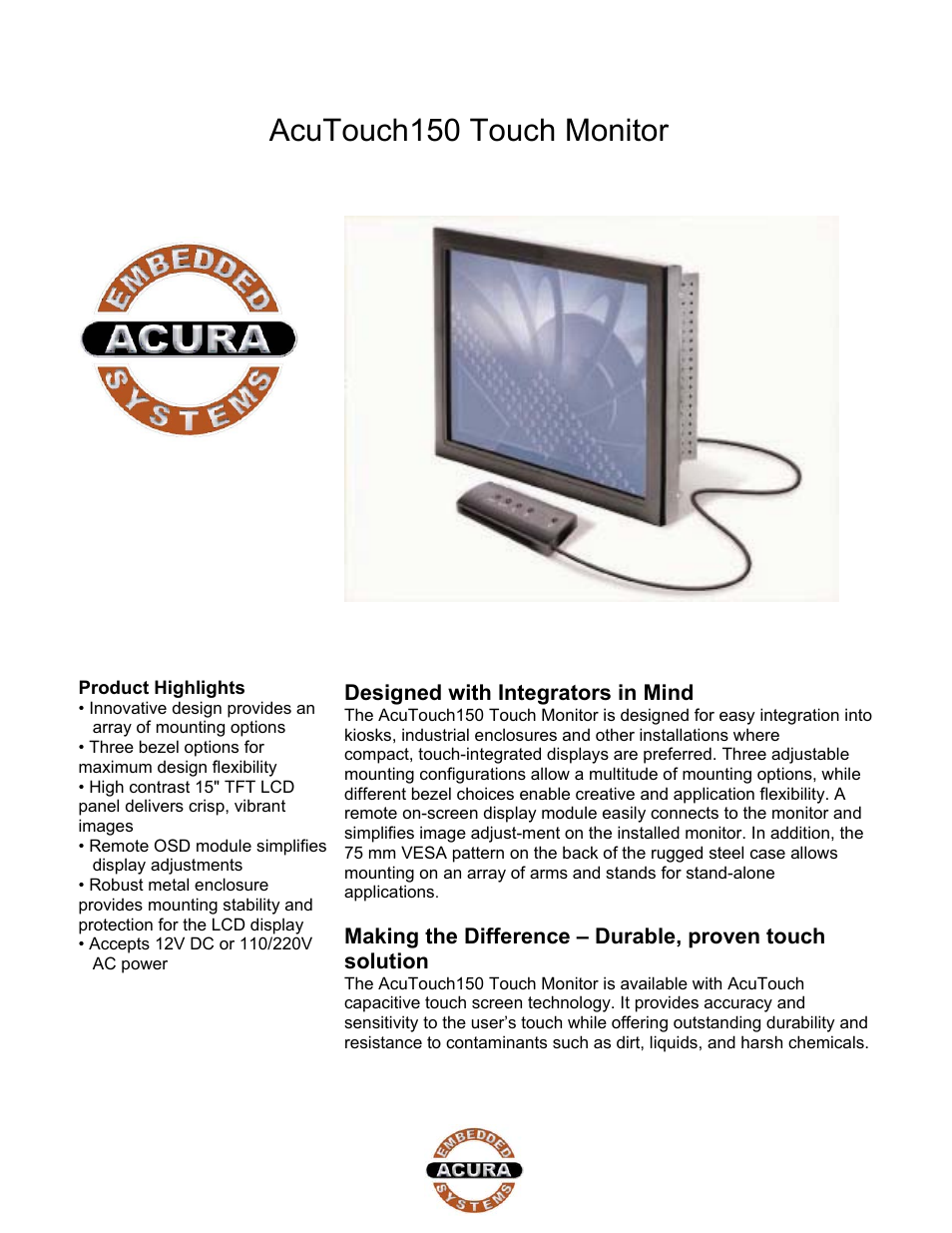 Acura Embedded AcuTouch 150 User Manual | 2 pages