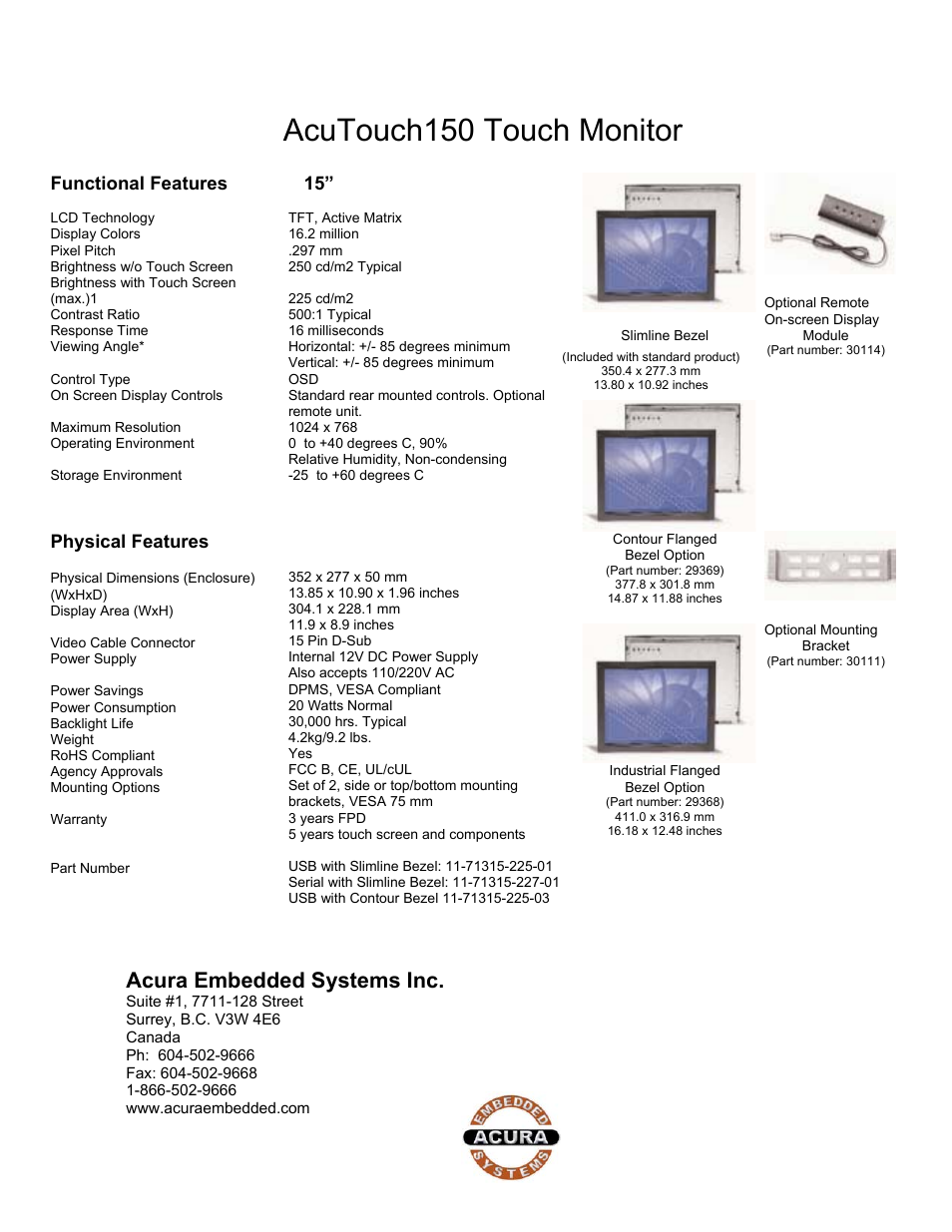 Acutouch150 touch monitor, Acura embedded systems inc | Acura Embedded AcuTouch 150 User Manual | Page 2 / 2