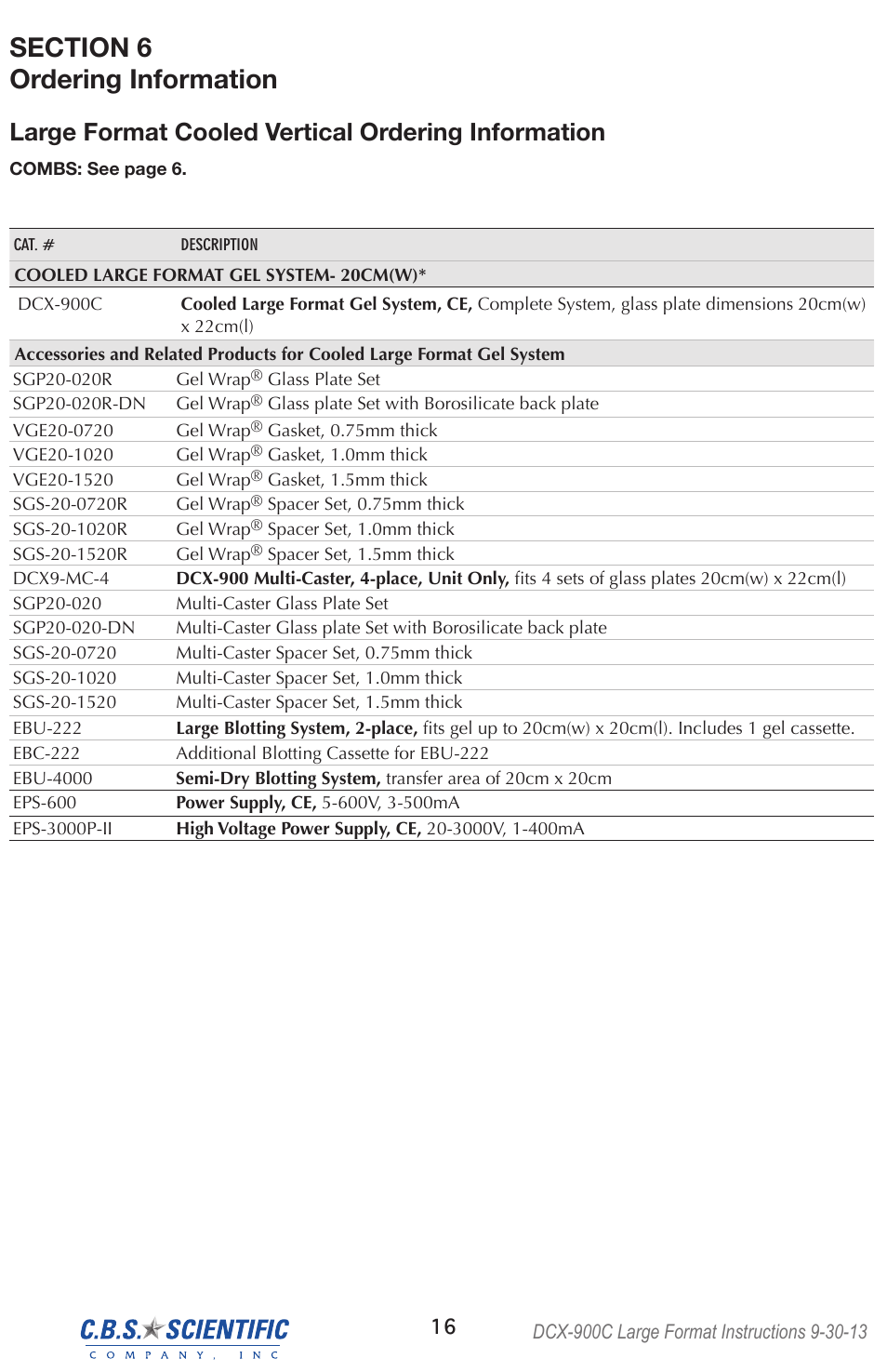 Large format cooled vertical ordering information | C.B.S. Scientific DCX-900C User Manual | Page 16 / 20
