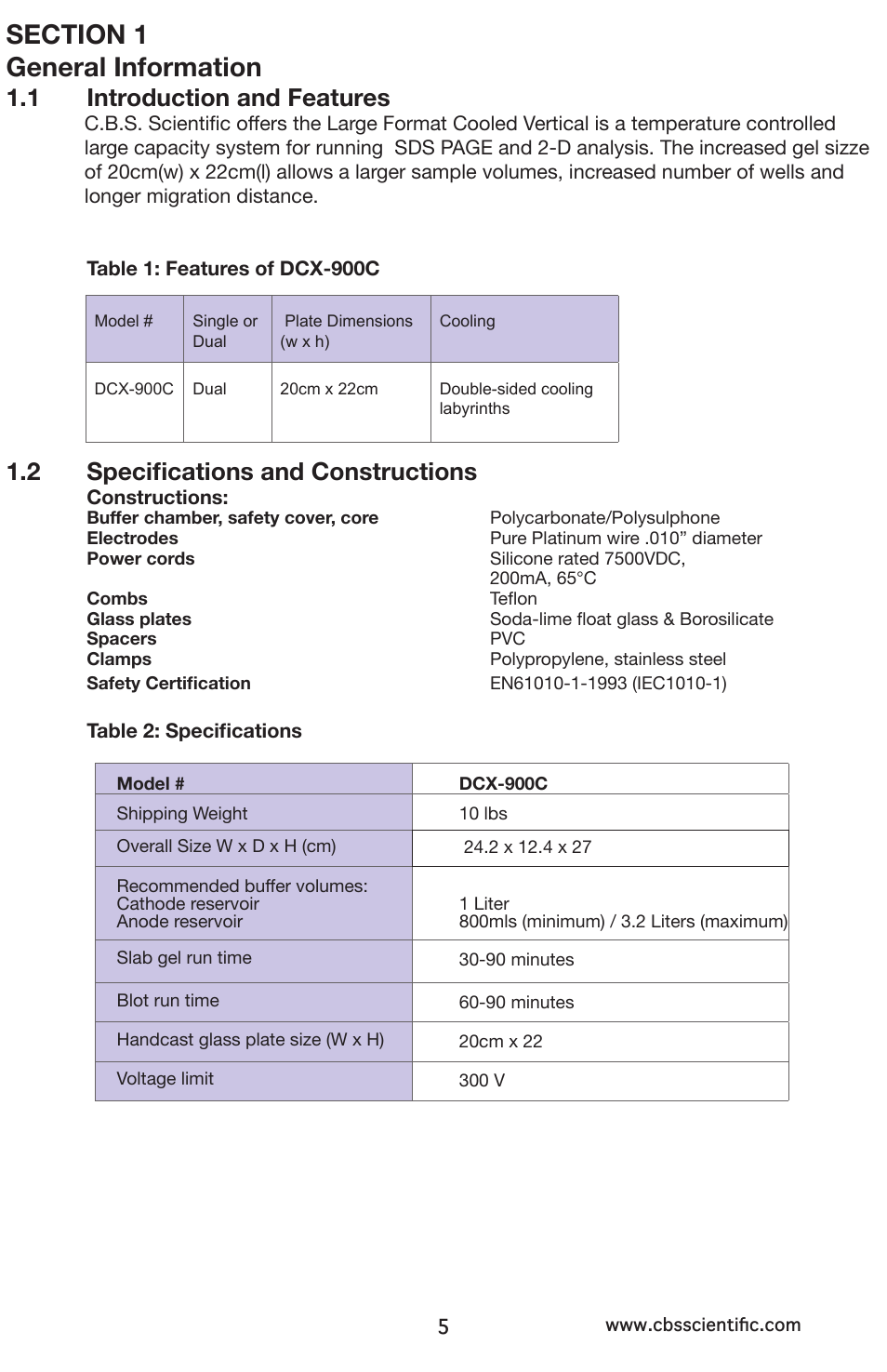1 introduction and features, 2 specifications and constructions | C.B.S. Scientific DCX-900C User Manual | Page 5 / 20