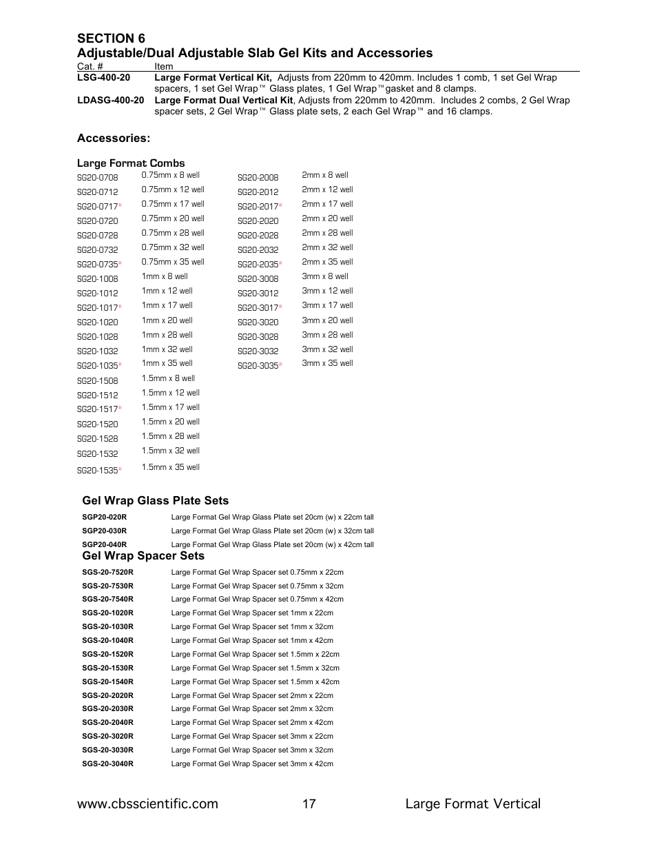 Accessories, Large format combs, Gel wrap glass plate sets | Gel wrap spacer sets | C.B.S. Scientific LDASG-400-20 User Manual | Page 17 / 18