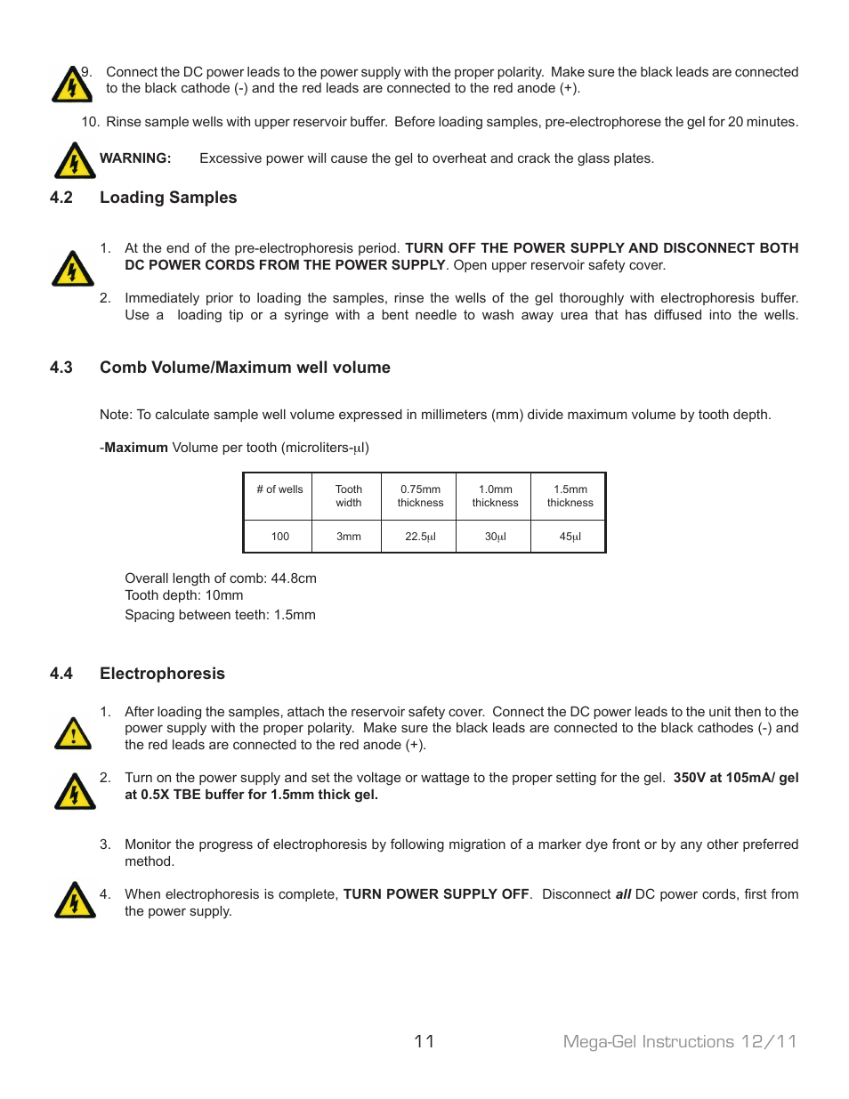 2 loading samples, 3 comb volume/maximum well volume, 4 electrophoresis | C.B.S. Scientific C-DASG-400-50 User Manual | Page 11 / 16