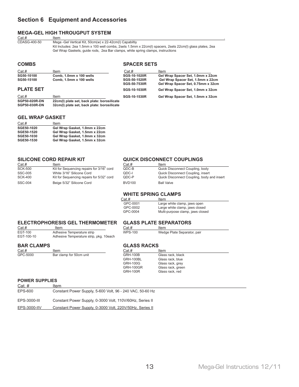Mega-gel high througput system, Combs spacer sets, Plate set | Gel wrap gasket, White spring clamps, Bar clamps glass racks | C.B.S. Scientific C-DASG-400-50 User Manual | Page 13 / 16