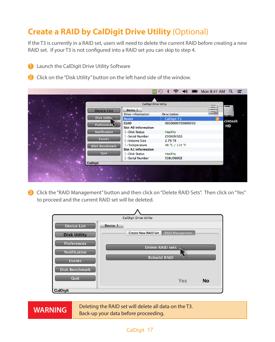 Create a raid by caldigit drive utility (optional), Warning | CalDigit T3 Thunderbolt 2 User Manual | Page 17 / 28