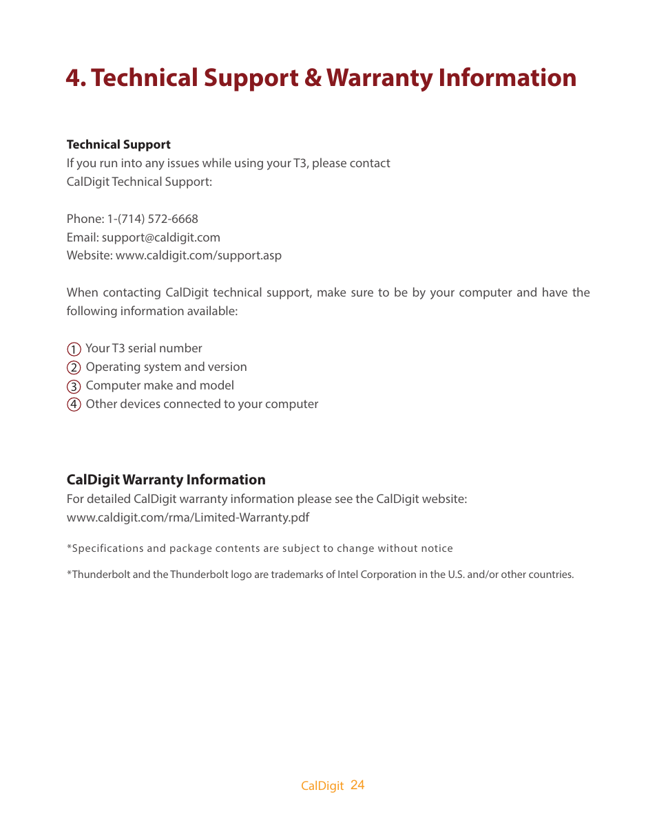 Technical support & warranty information | CalDigit T3 Thunderbolt 2 User Manual | Page 24 / 28