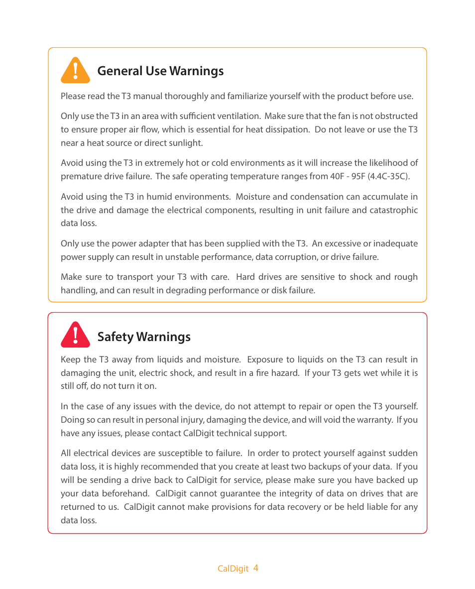 General use warnings safety warnings | CalDigit T3 Thunderbolt 2 User Manual | Page 4 / 28