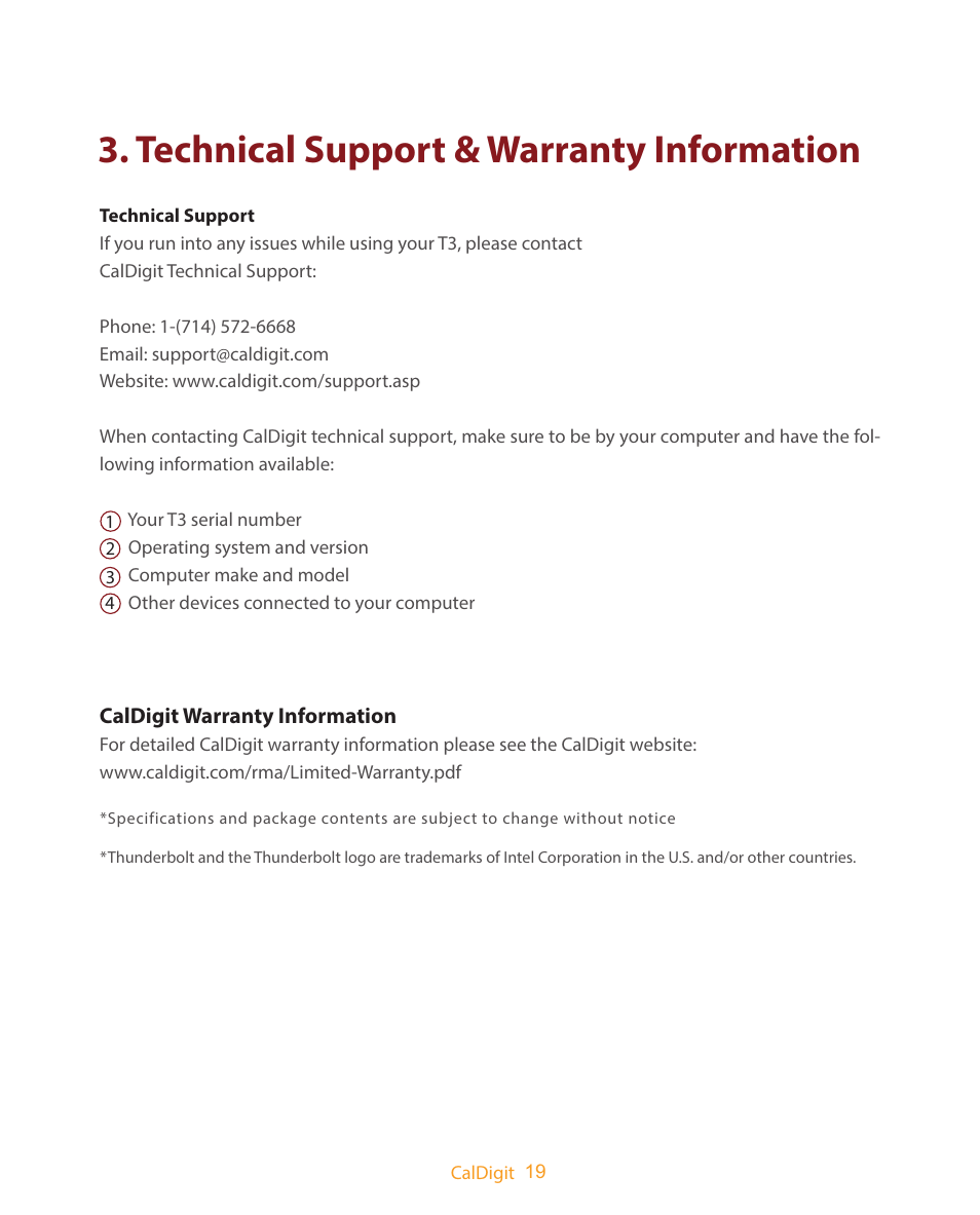 Technical support & warranty information | CalDigit T3 User Manual | Page 19 / 20