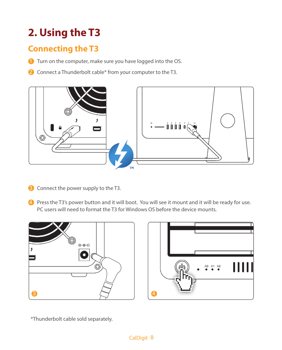 Using the t3, Connecting the t3 | CalDigit T3 User Manual | Page 8 / 20