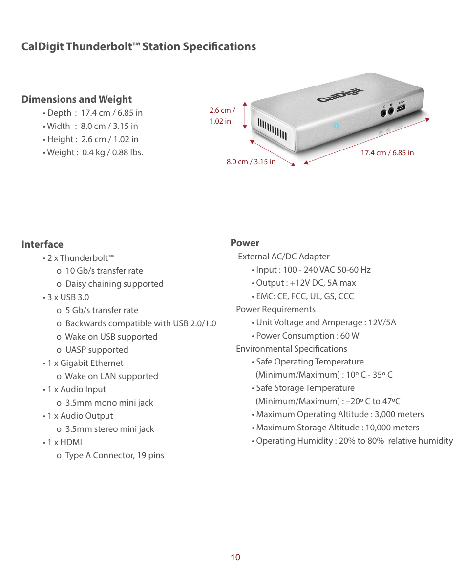 Caldigit thunderbolt™ station specifications | CalDigit Thunderbolt Station User Manual | Page 10 / 12