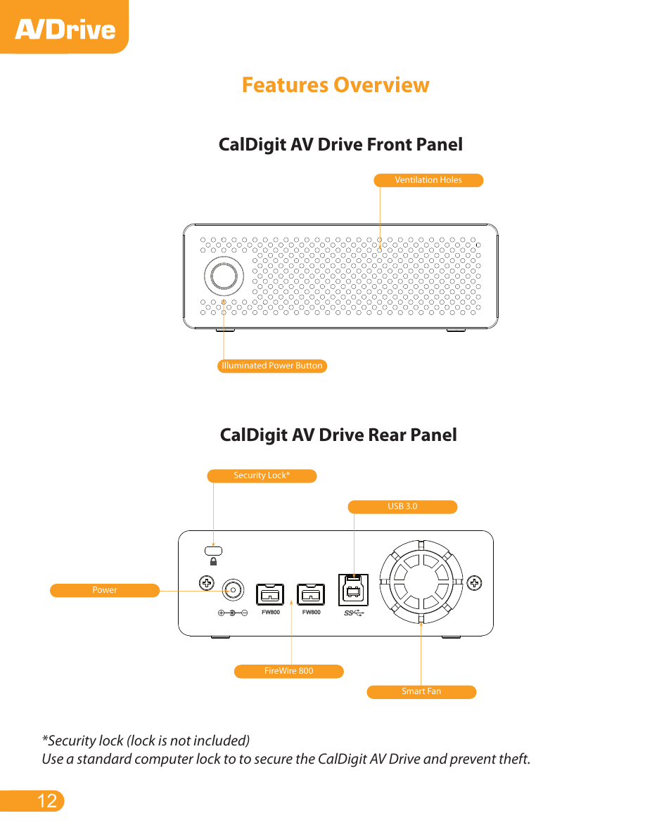 Features overview, Caldigit av drive front panel, Caldigit av drive rear panel 12 | CalDigit AV Drive User Manual | Page 12 / 21