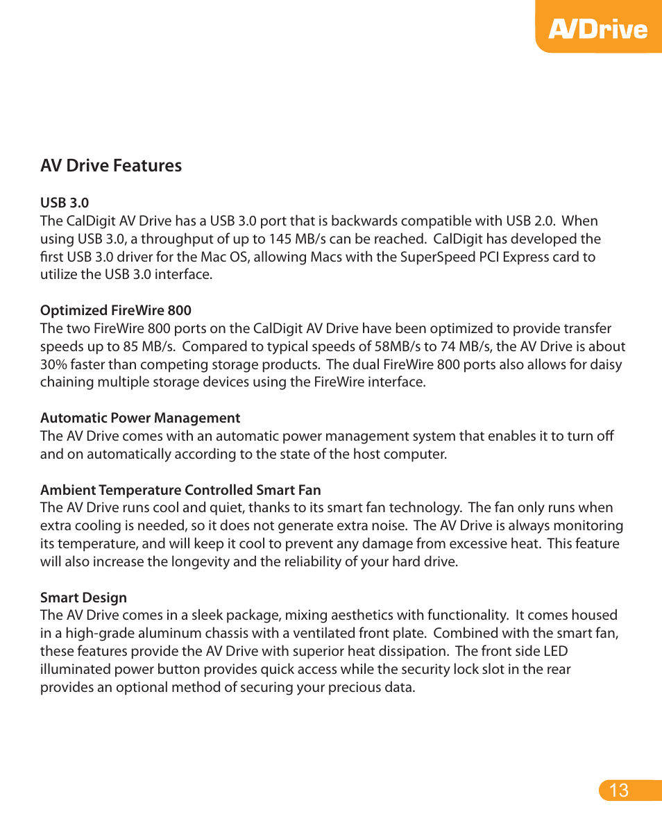 Av drive features | CalDigit AV Drive User Manual | Page 13 / 21