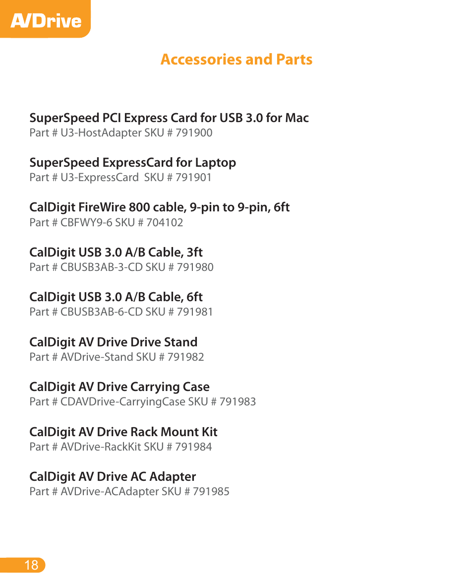 Accessories and parts | CalDigit AV Drive User Manual | Page 18 / 21