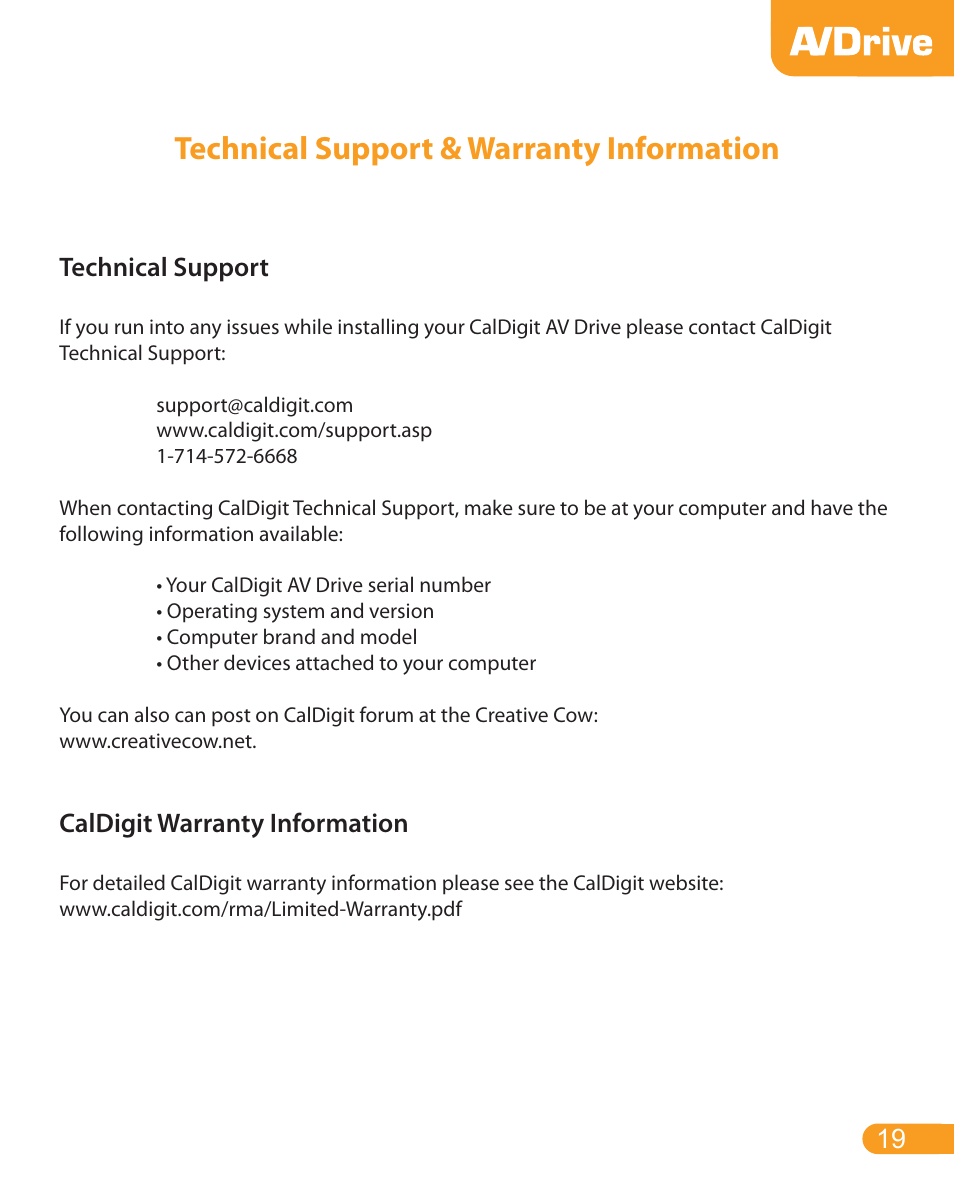 Technical support & warranty information, Technical support, Caldigit warranty information | CalDigit AV Drive User Manual | Page 19 / 21