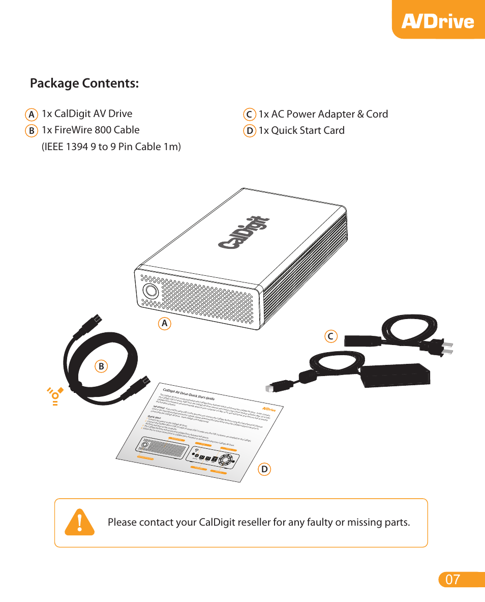 Package contents, 1x ac power adapter & cord 1x quick start card | CalDigit AV Drive User Manual | Page 7 / 21