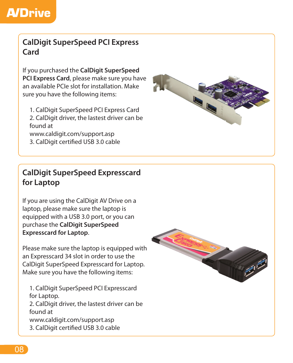 Caldigit superspeed pci express card, Caldigit superspeed expresscard for laptop | CalDigit AV Drive User Manual | Page 8 / 21