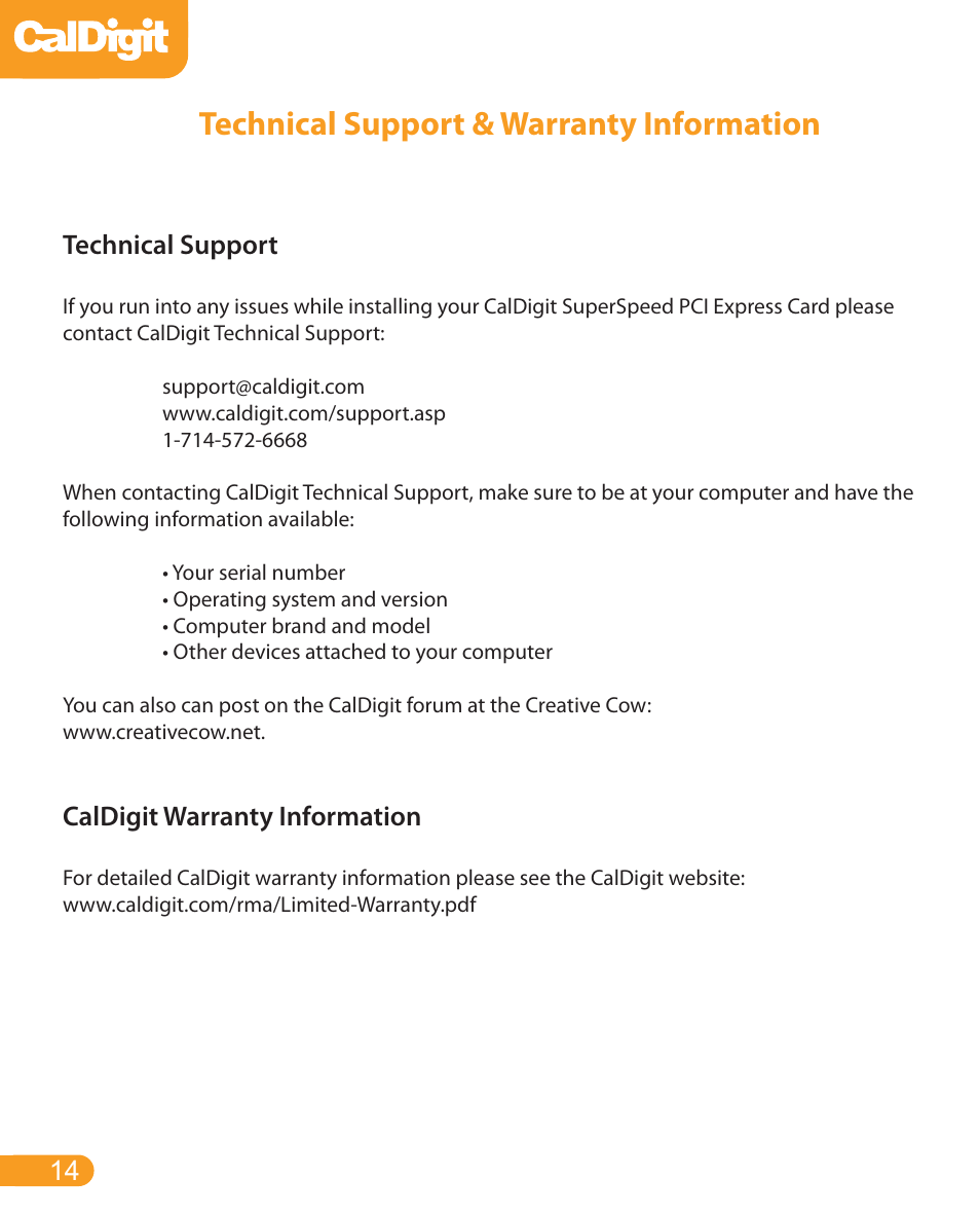 Technical support & warranty information, Technical support, Caldigit warranty information | CalDigit USB 3 card for desktop User Manual | Page 14 / 15
