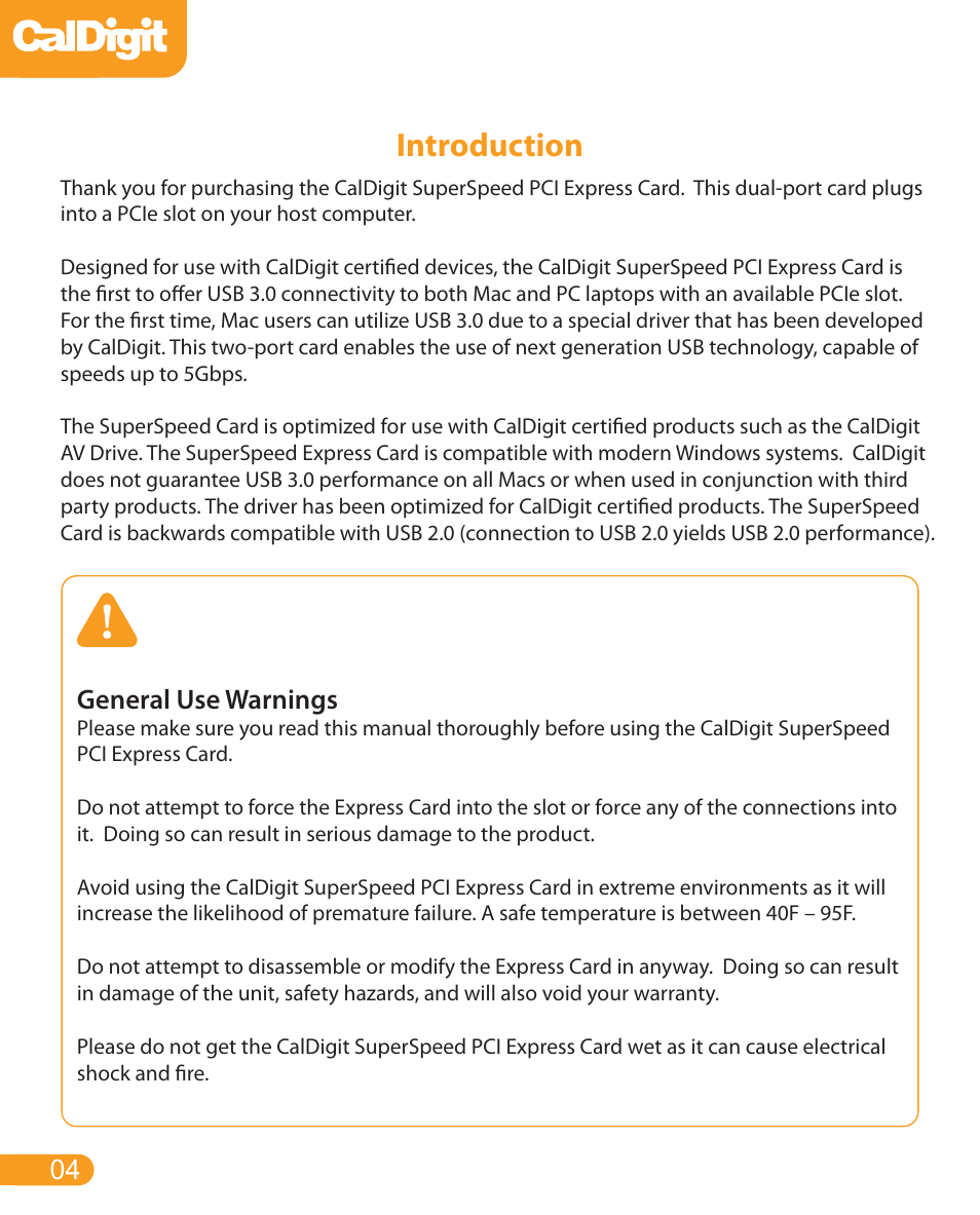 Introduction, General use warnings | CalDigit USB 3 card for desktop User Manual | Page 4 / 15