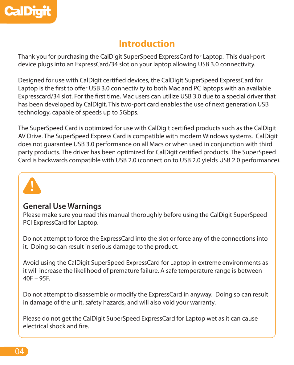 Introduction, General use warnings | CalDigit USB 3 card for laptop User Manual | Page 4 / 15