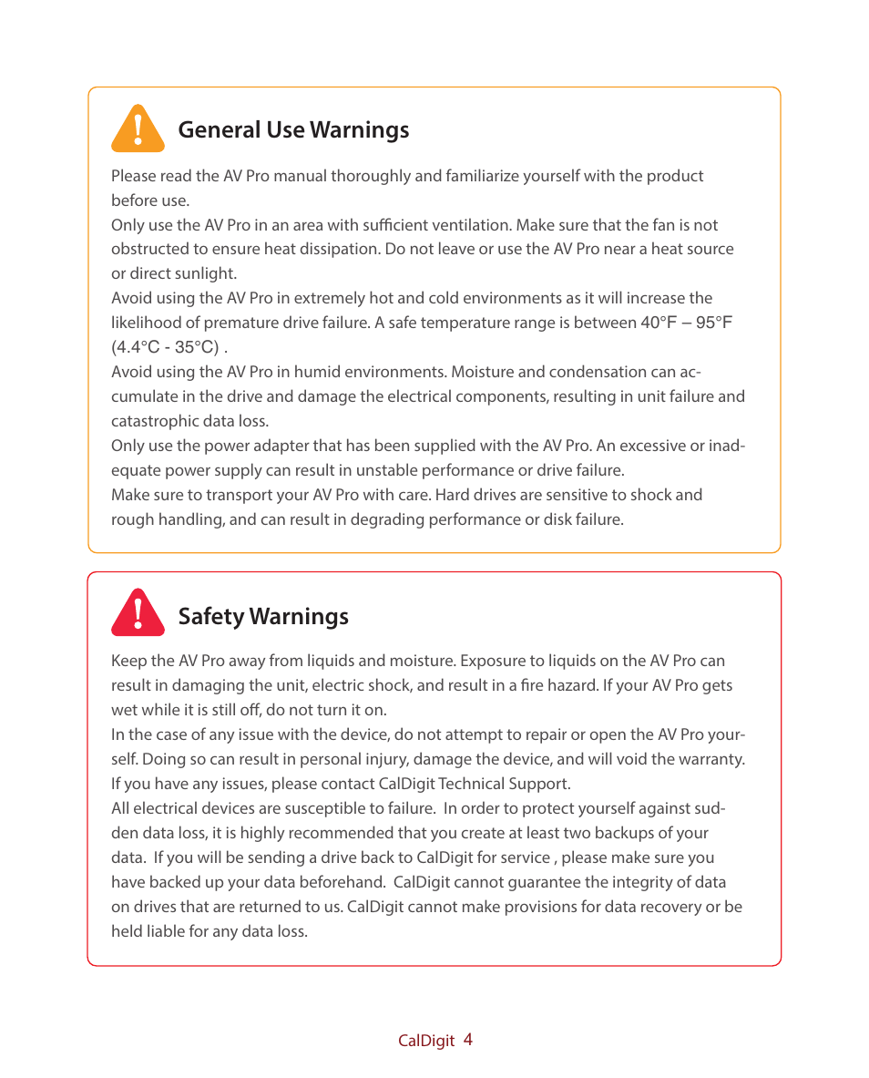 General use warnings safety warnings | CalDigit AV Pro Combo User Manual | Page 4 / 21